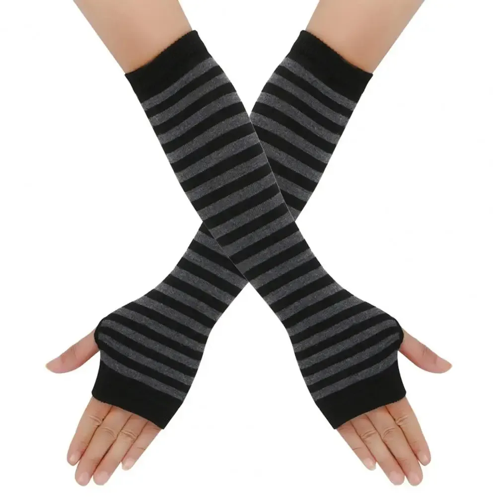 1 Pair Striped Fingerless Knitted Elbow Soft Stretchy Arm Warmers (Christmas Gift)