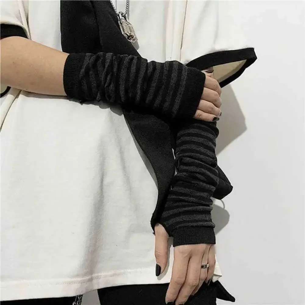 1 Pair Striped Fingerless Knitted Elbow Soft Stretchy Arm Warmers (Christmas Gift)