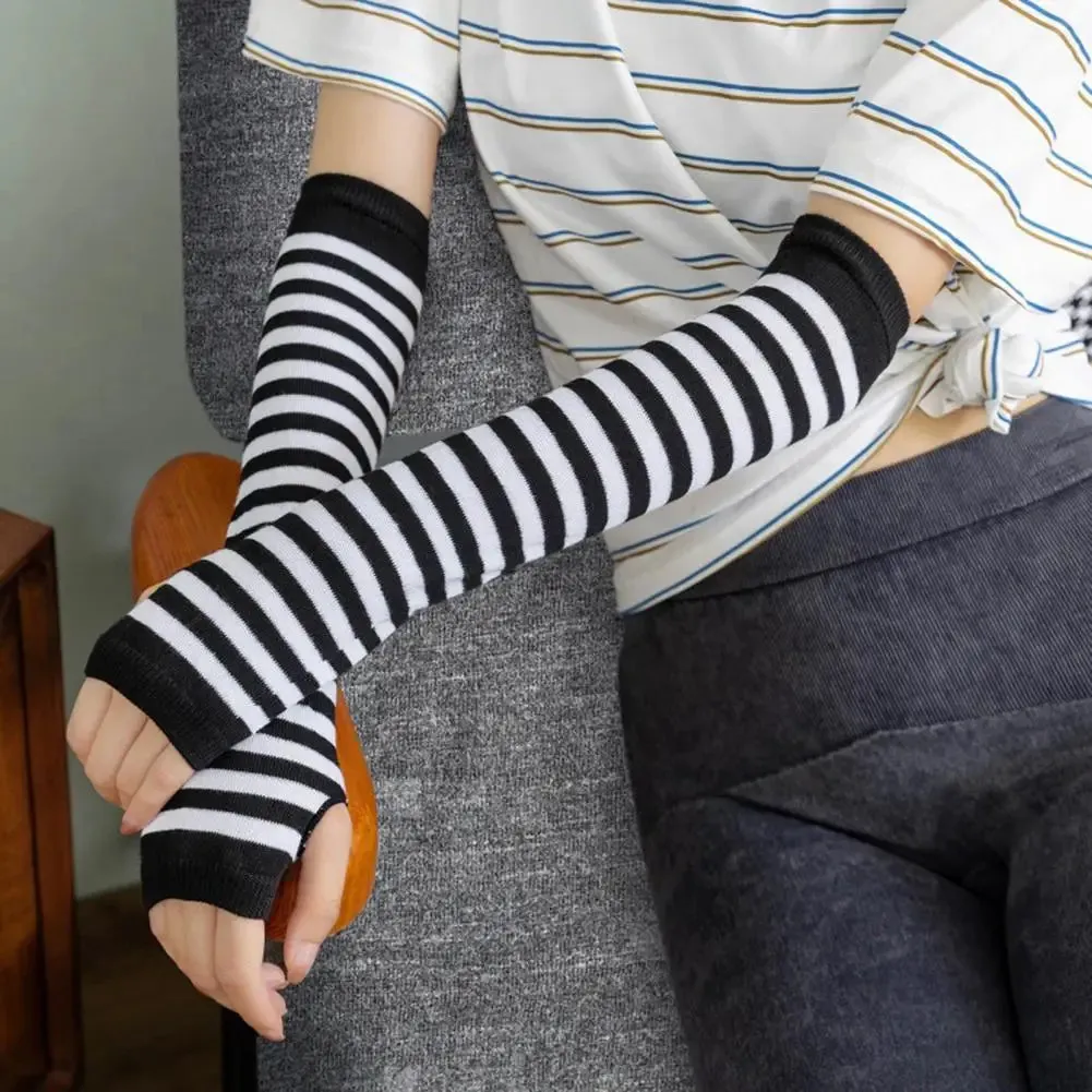 1 Pair Striped Fingerless Knitted Elbow Soft Stretchy Arm Warmers (Christmas Gift)