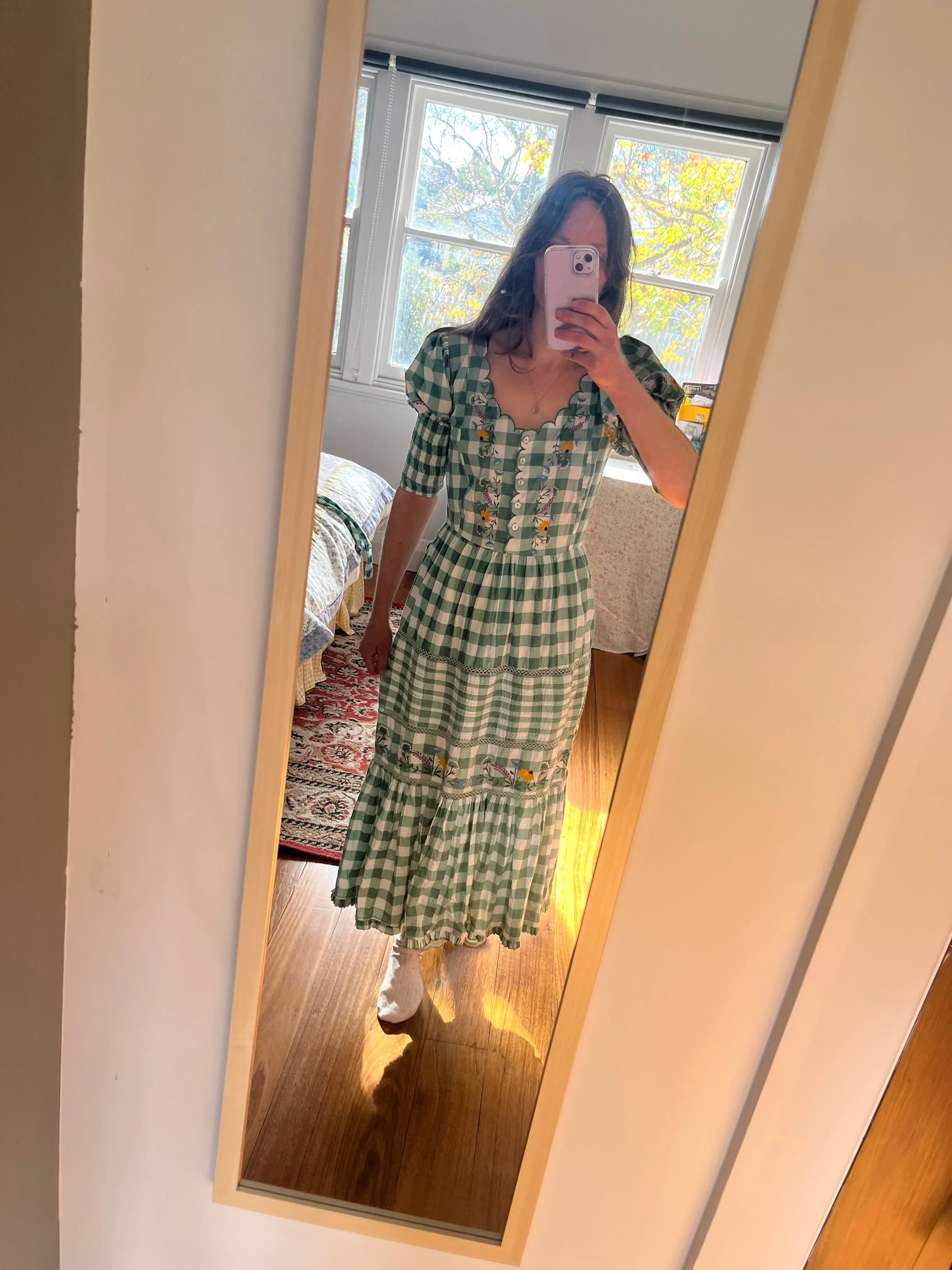 100% RECYCLED COTTON - AUGUSTINE MIDI DRESS GREEN GINGHAM GARDEN