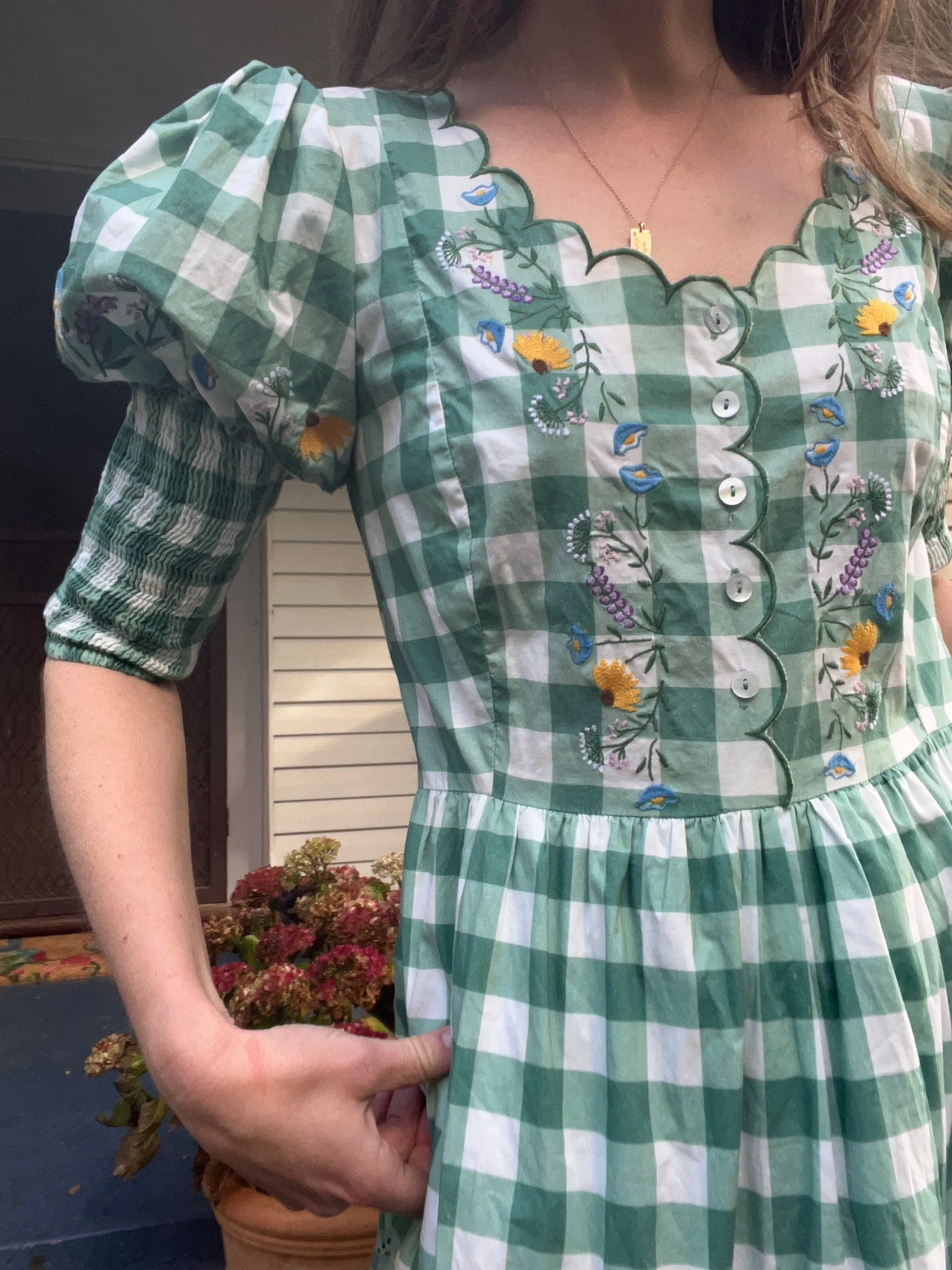 100% RECYCLED COTTON - AUGUSTINE MIDI DRESS GREEN GINGHAM GARDEN