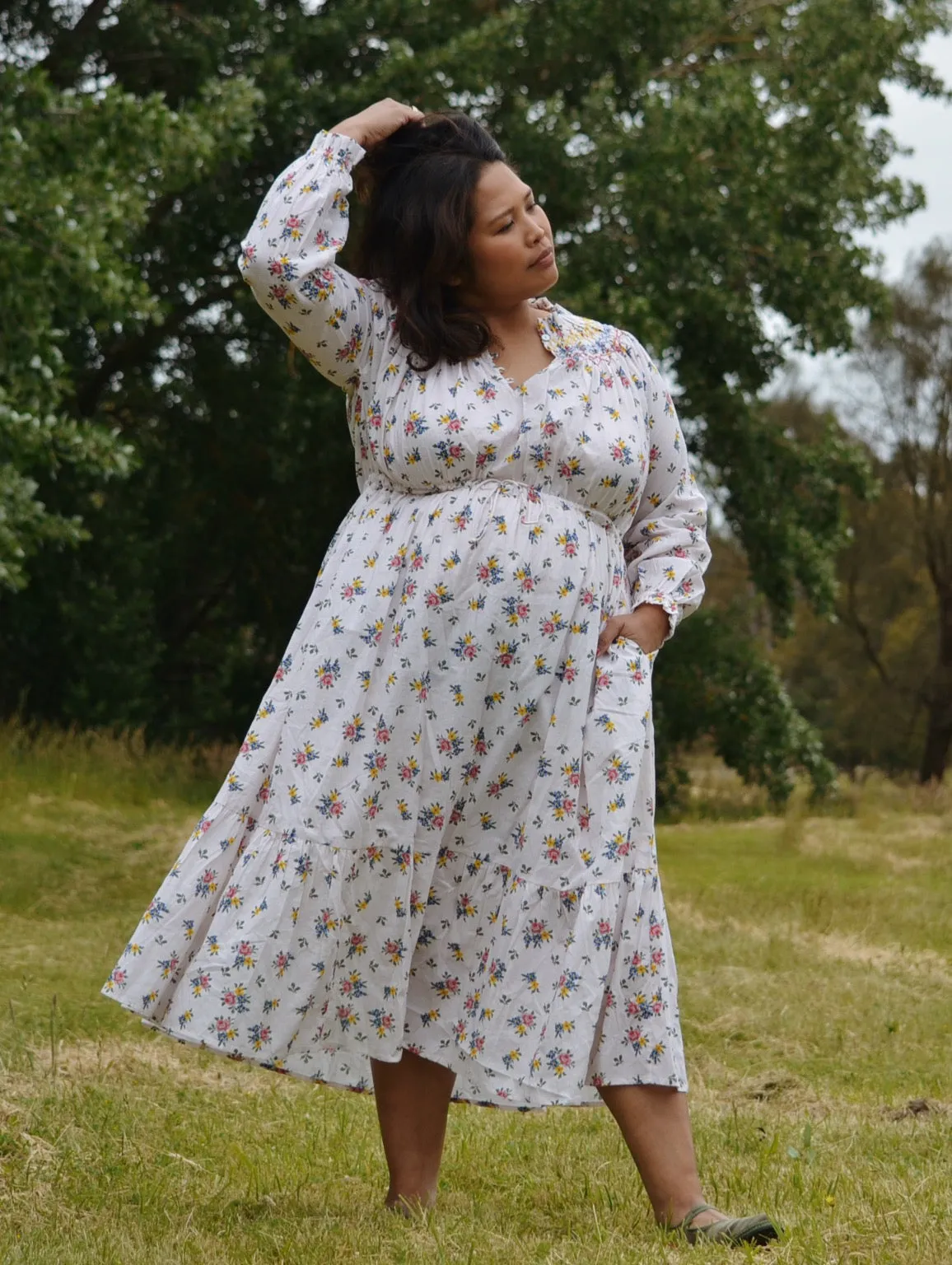 100% RECYCLED COTTON - PRAIRIE DRESS ROSE FLORAL - HAND SMOCKED