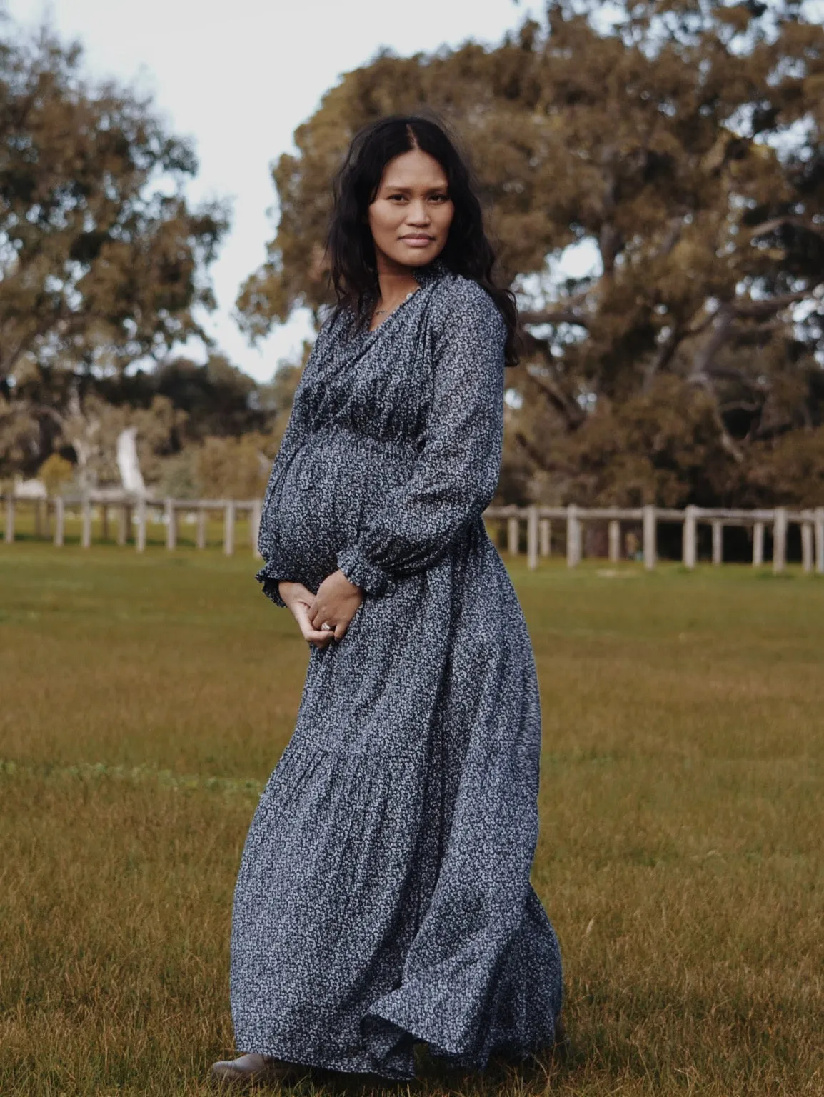 100% RECYCLED COTTON - PRAIRIE MAXI DRESS NAVY FLORAL