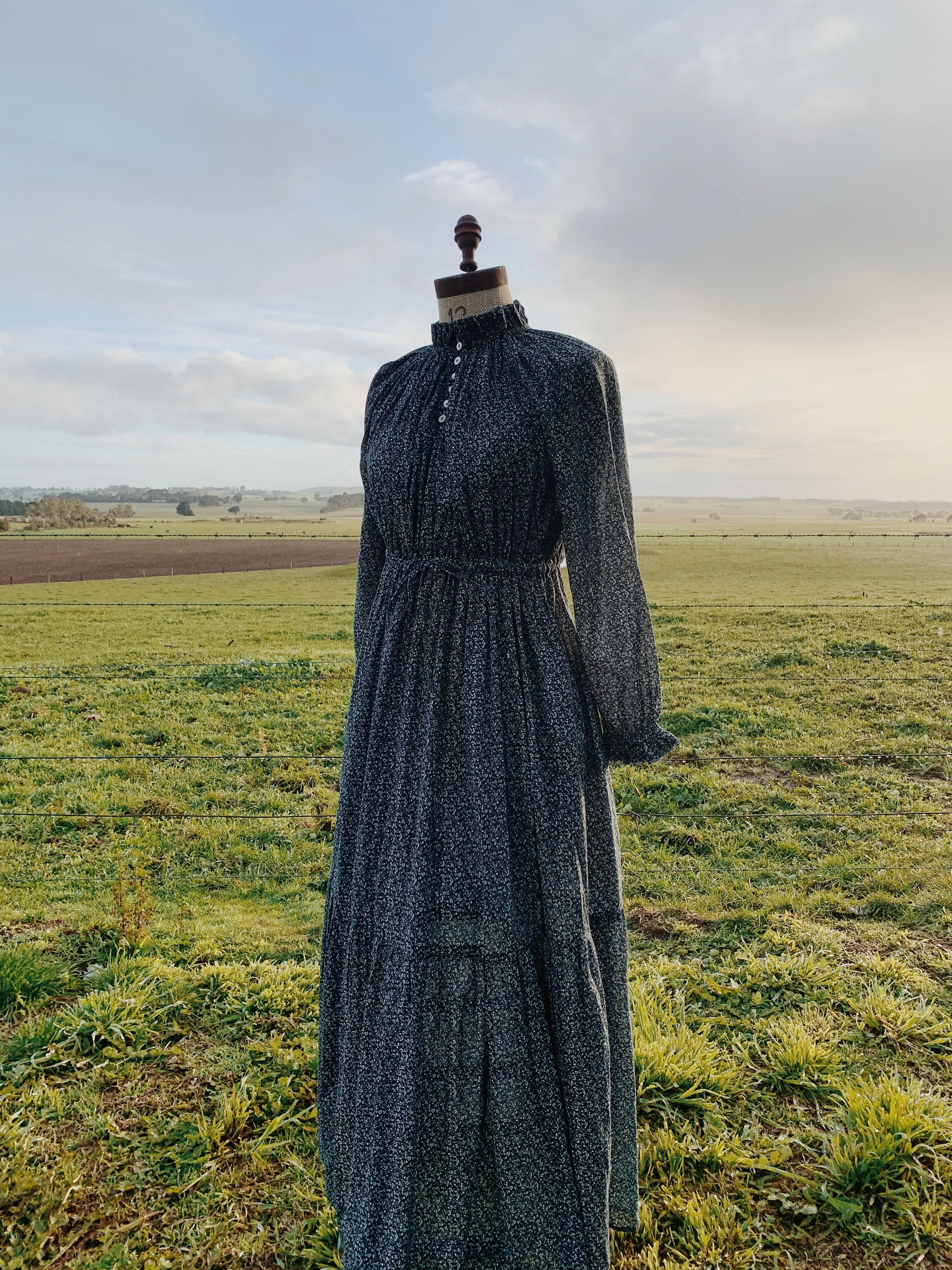 100% RECYCLED COTTON - PRAIRIE MAXI DRESS NAVY FLORAL