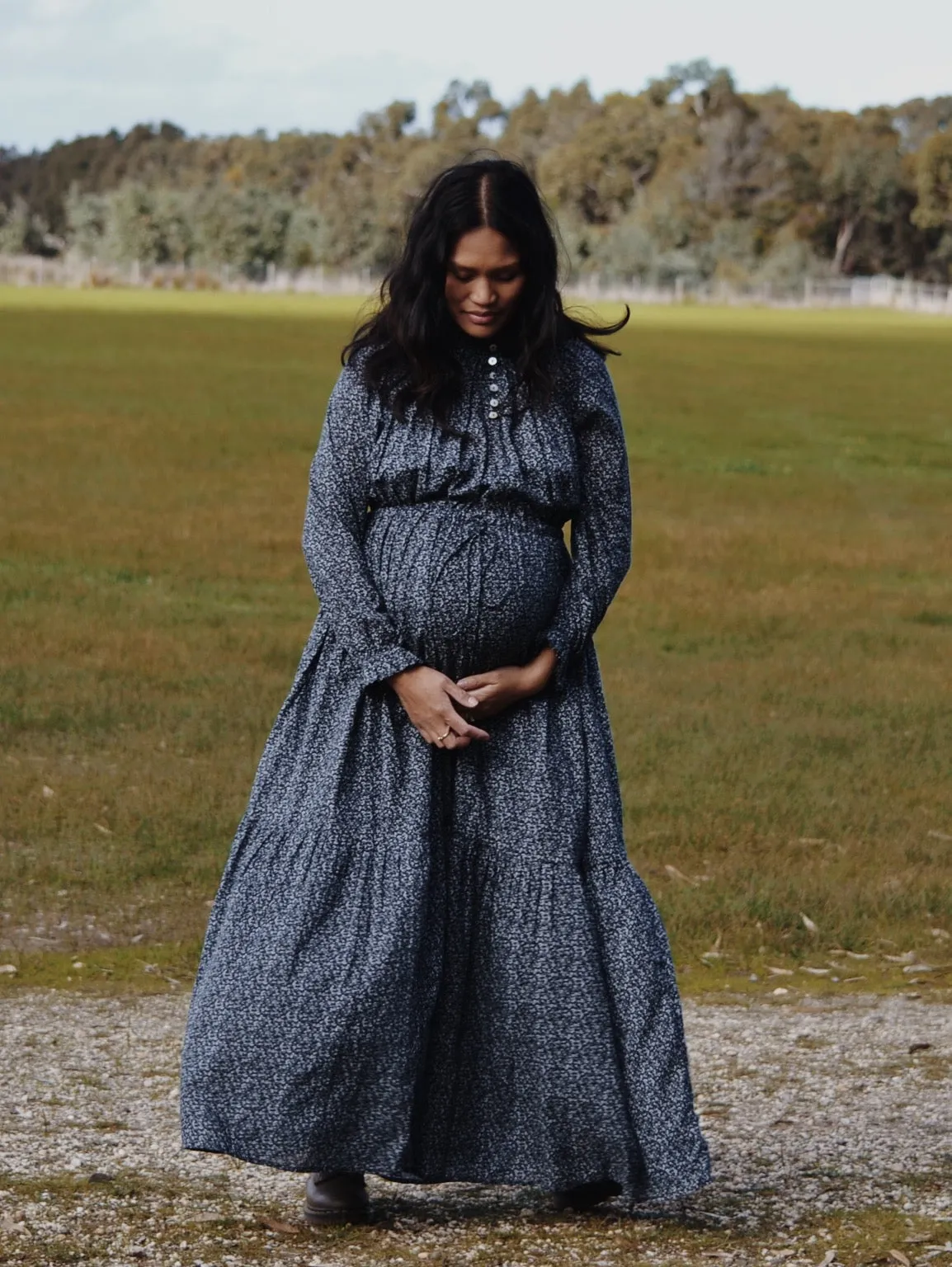 100% RECYCLED COTTON - PRAIRIE MAXI DRESS NAVY FLORAL