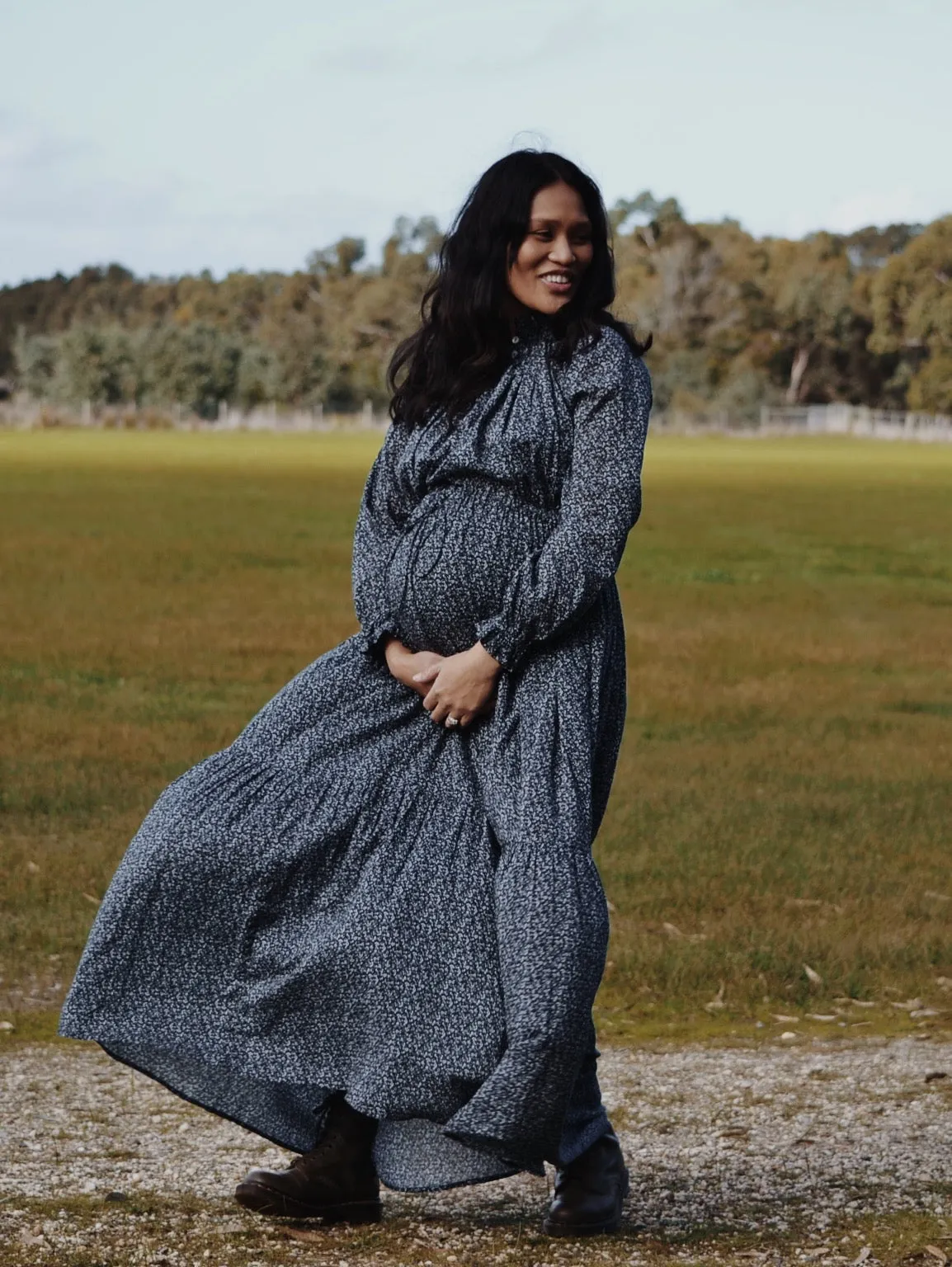 100% RECYCLED COTTON - PRAIRIE MAXI DRESS NAVY FLORAL