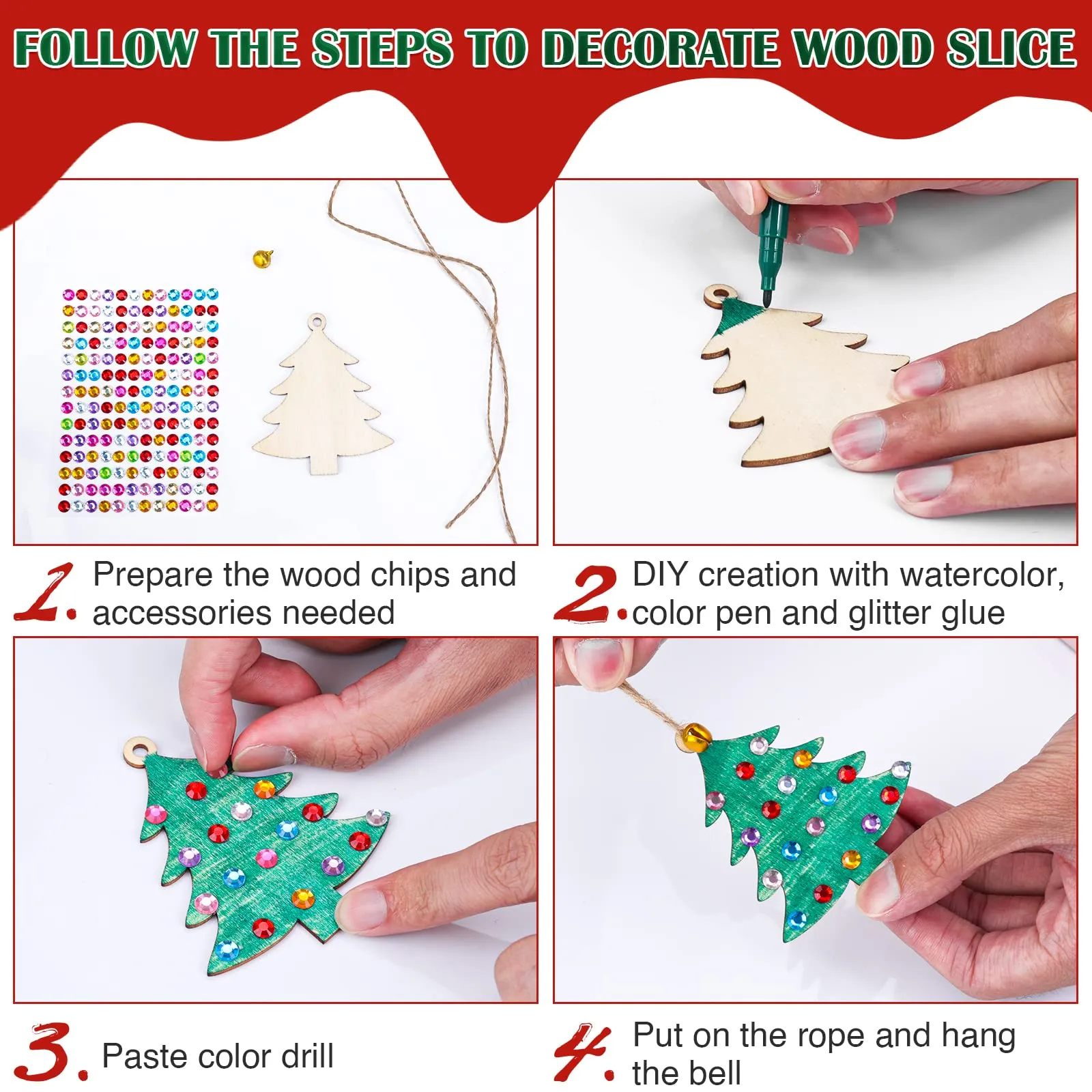 104PCS Wooden Christmas Ornaments Craft Kits Include 40PCS Unfinished Wood Slices with 8 Styles,Xmas Tree Hanging Decorations DIY Craft for Kids to Paint