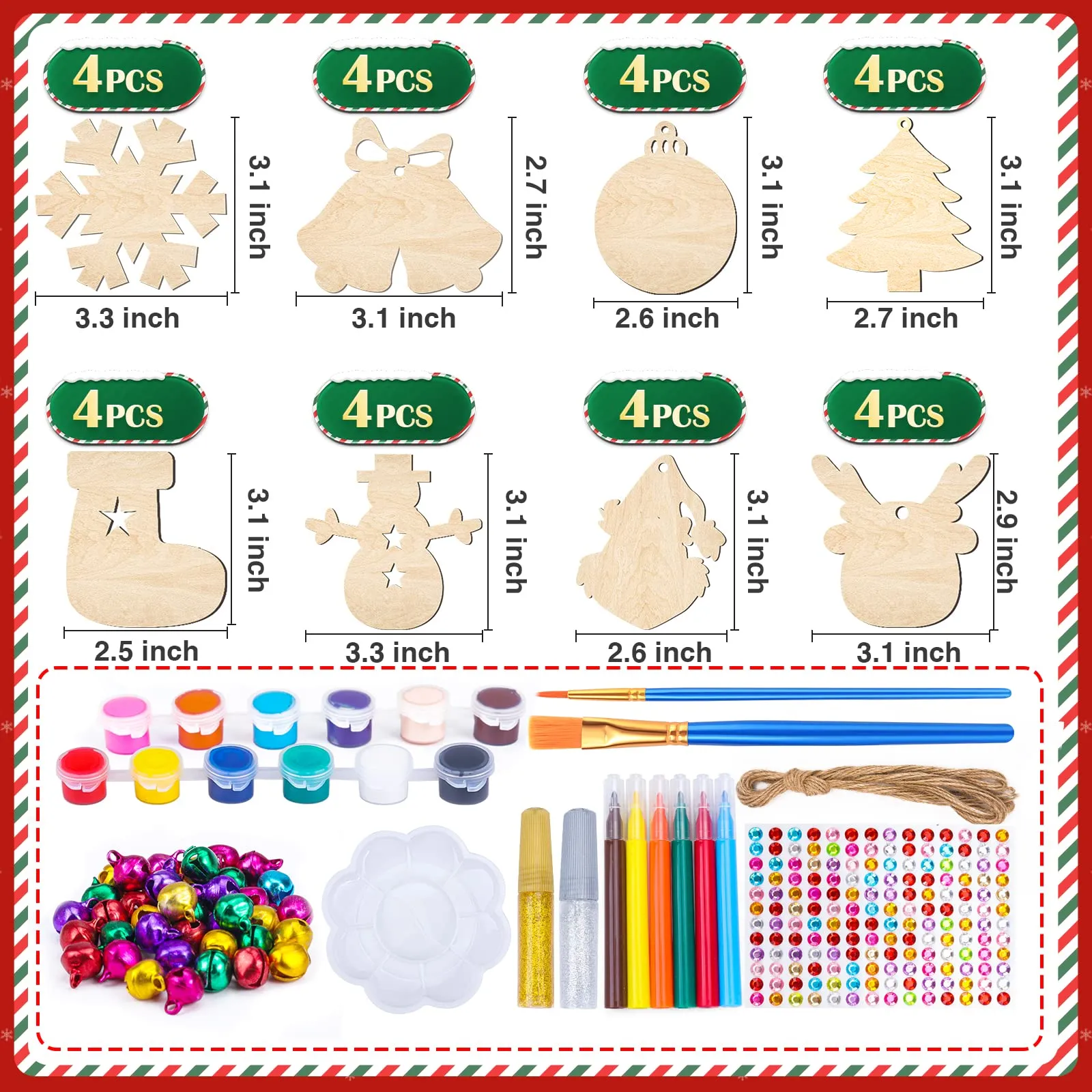 104PCS Wooden Christmas Ornaments Craft Kits Include 40PCS Unfinished Wood Slices with 8 Styles,Xmas Tree Hanging Decorations DIY Craft for Kids to Paint