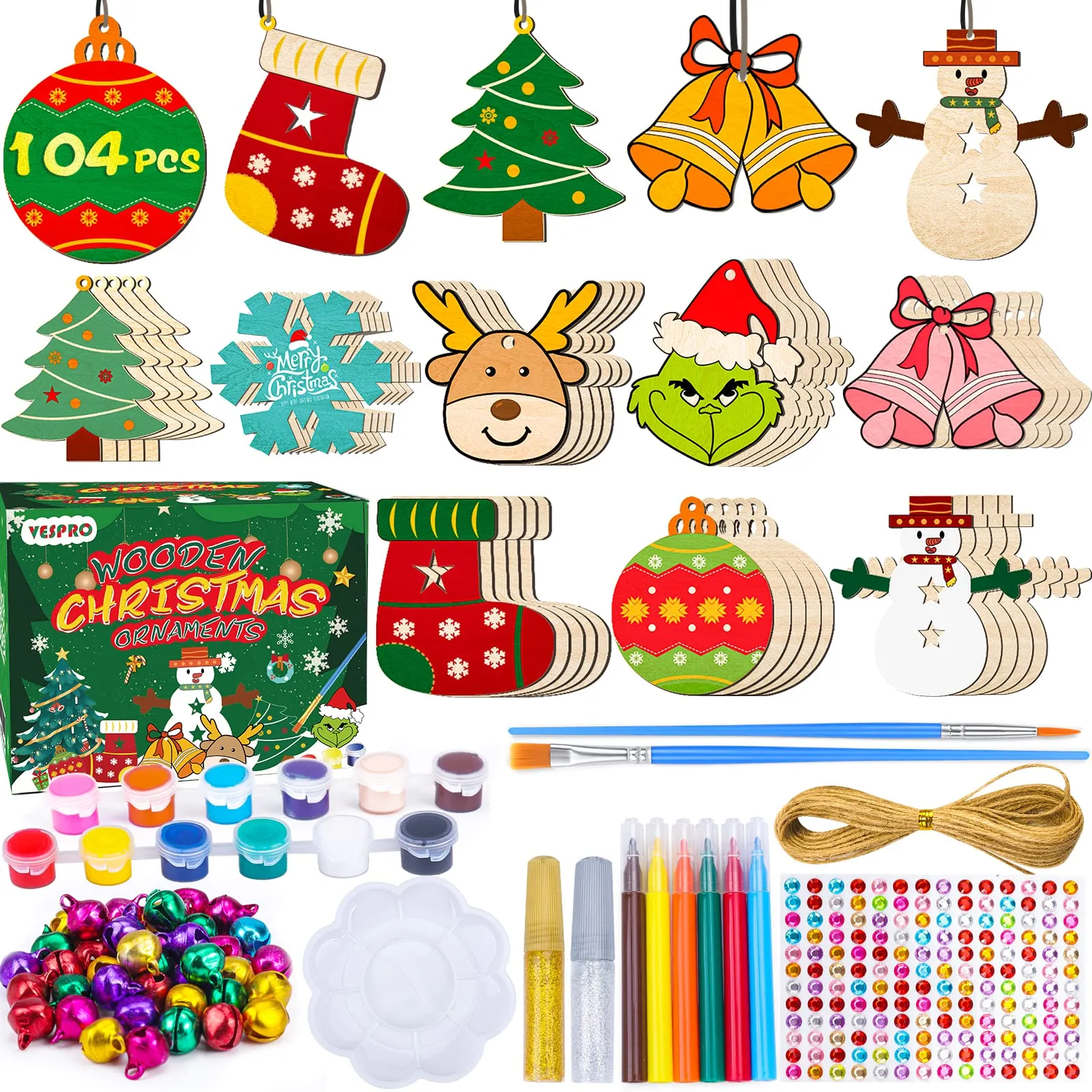 104PCS Wooden Christmas Ornaments Craft Kits Include 40PCS Unfinished Wood Slices with 8 Styles,Xmas Tree Hanging Decorations DIY Craft for Kids to Paint