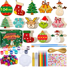 104PCS Wooden Christmas Ornaments Craft Kits Include 40PCS Unfinished Wood Slices with 8 Styles,Xmas Tree Hanging Decorations DIY Craft for Kids to Paint