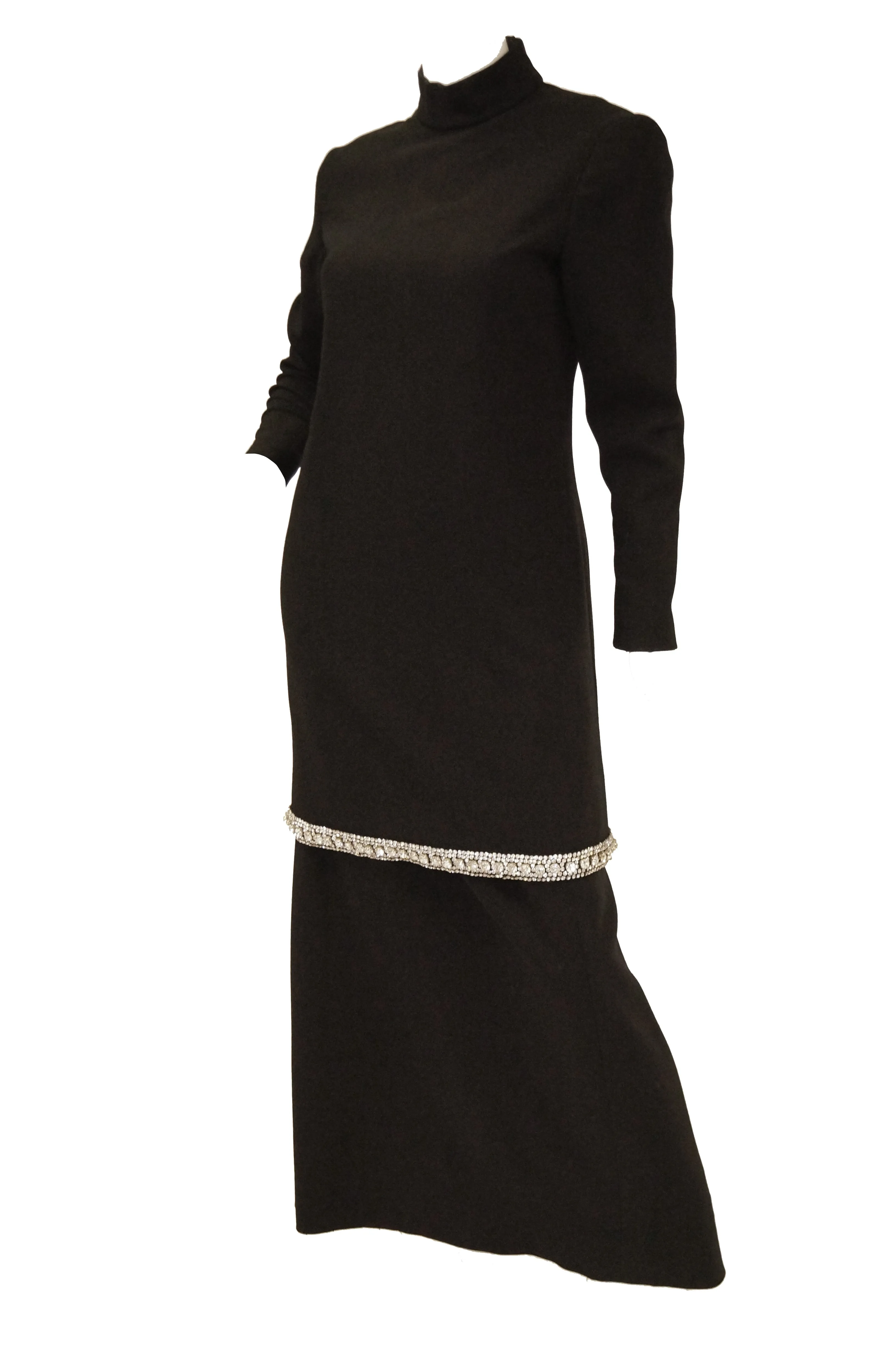 1970s Black Wool Evening Dress Ensemble with Oversized Rhinestone Trim