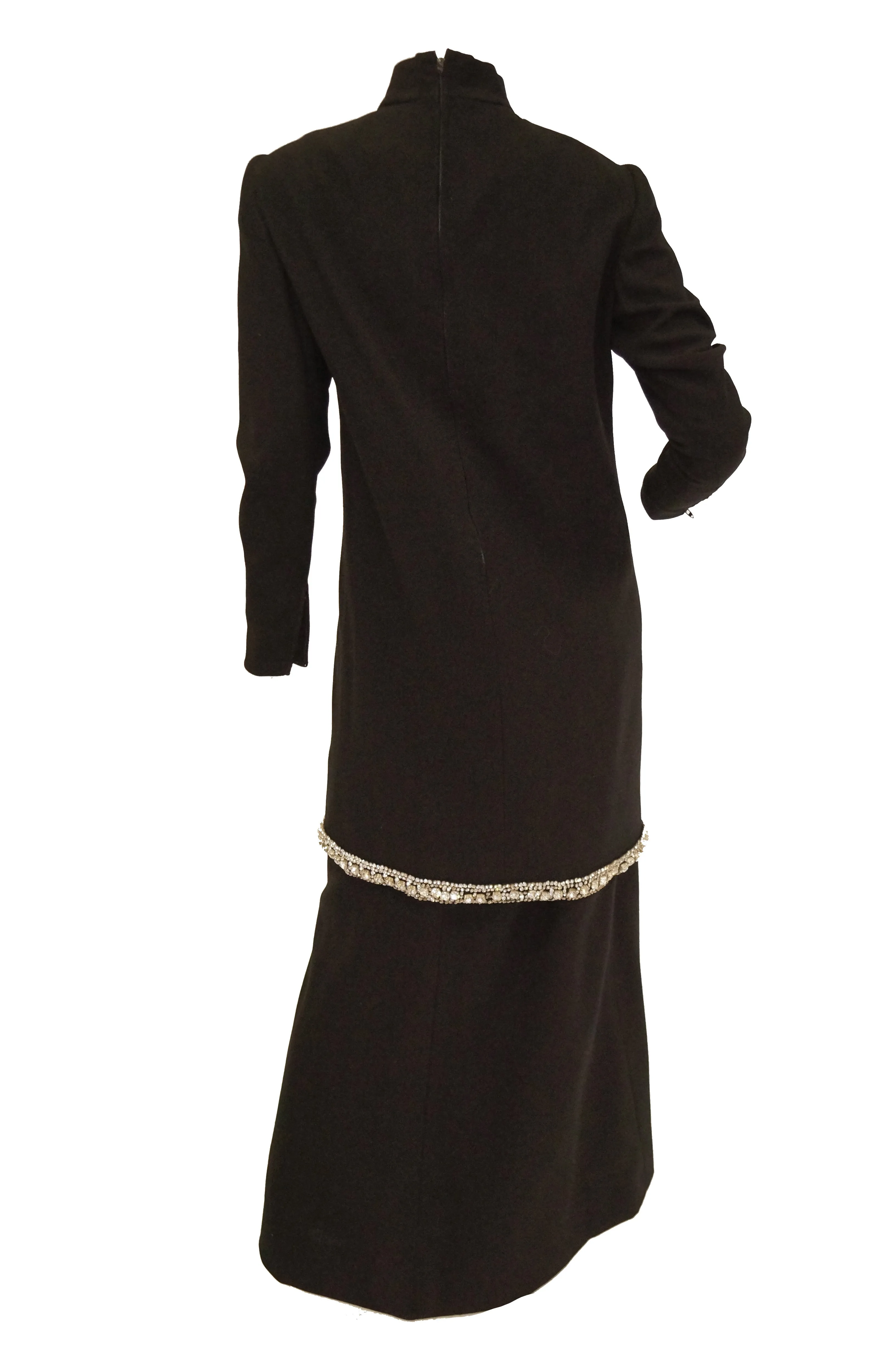 1970s Black Wool Evening Dress Ensemble with Oversized Rhinestone Trim