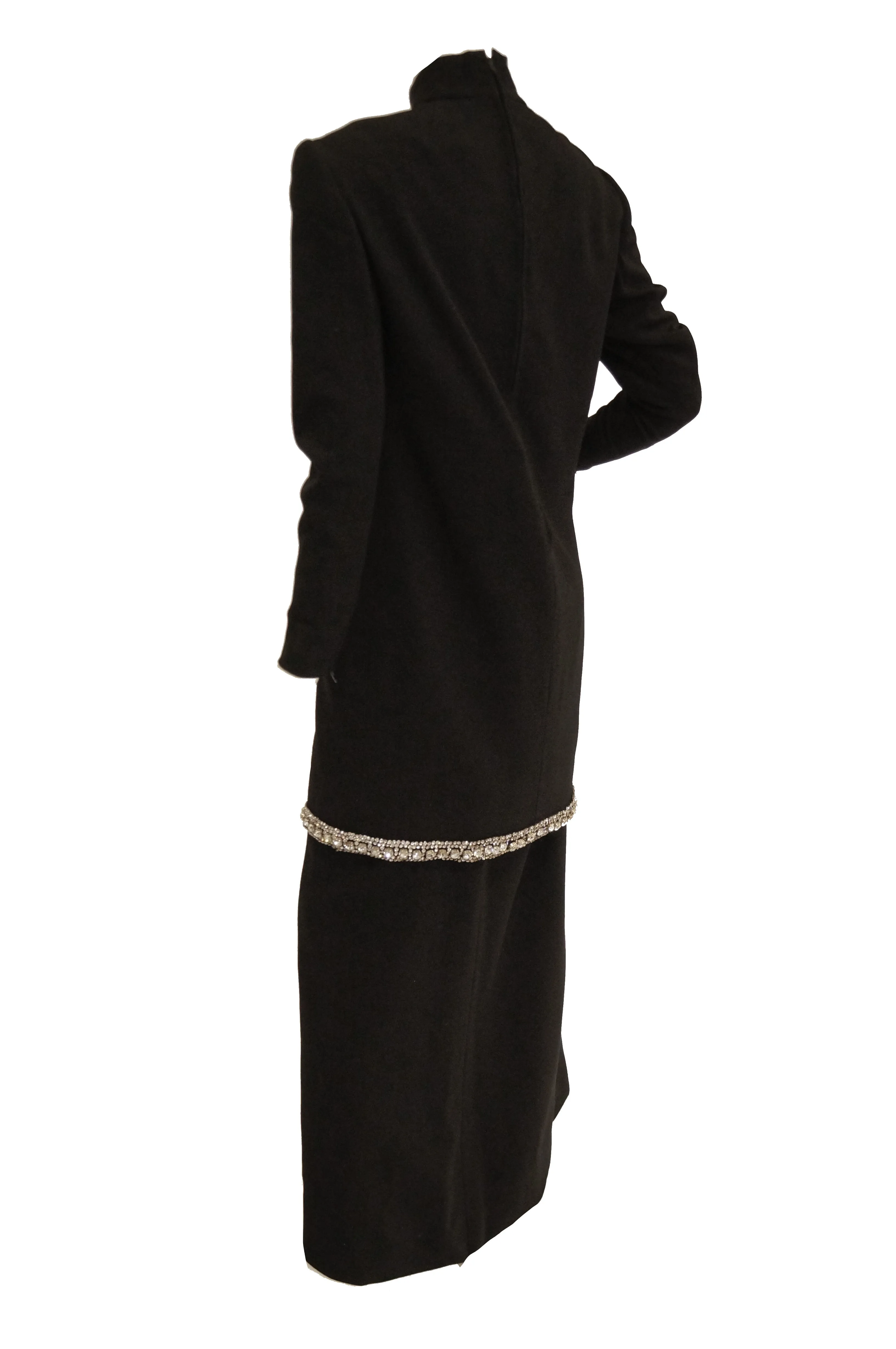 1970s Black Wool Evening Dress Ensemble with Oversized Rhinestone Trim