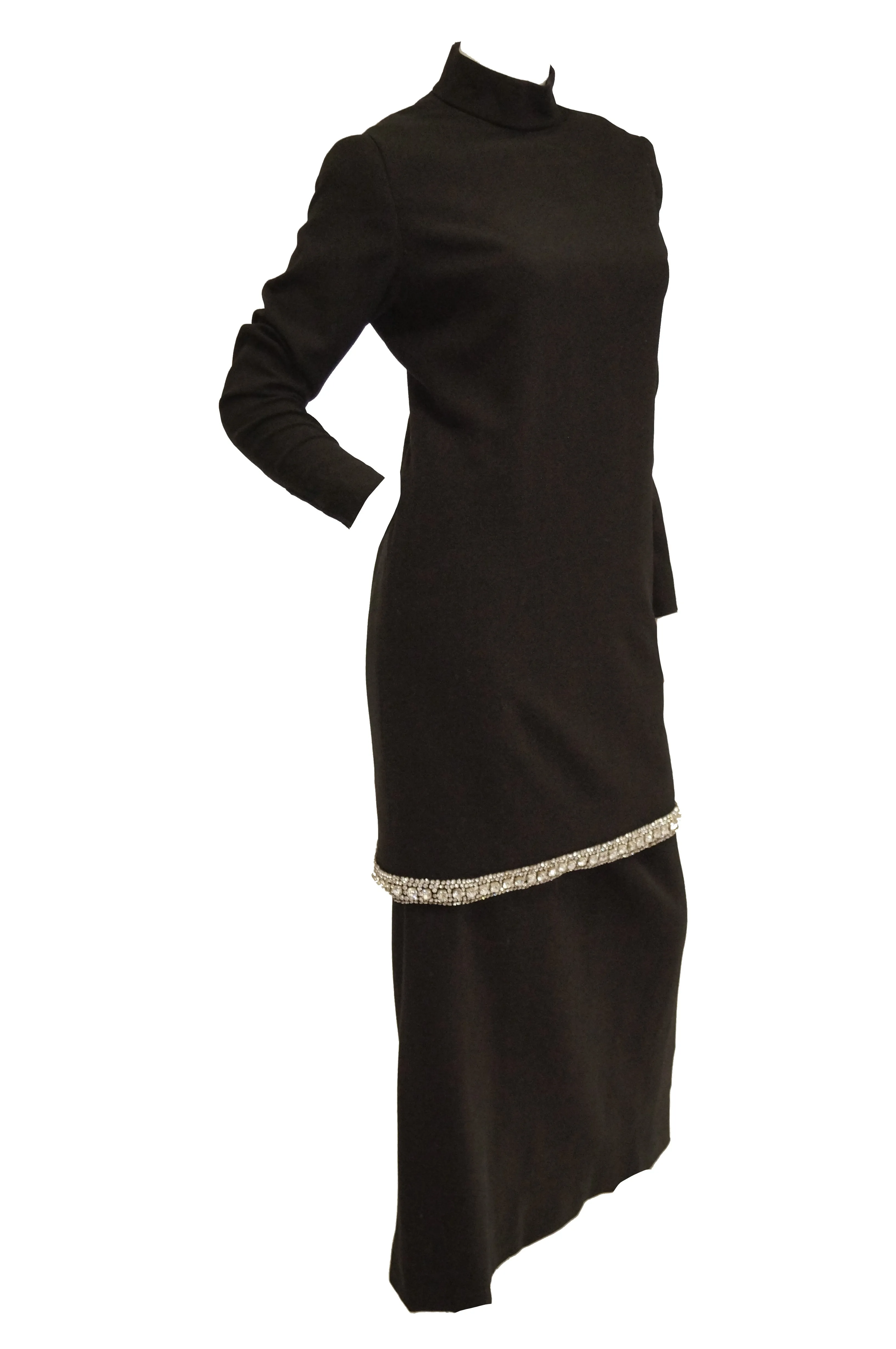 1970s Black Wool Evening Dress Ensemble with Oversized Rhinestone Trim