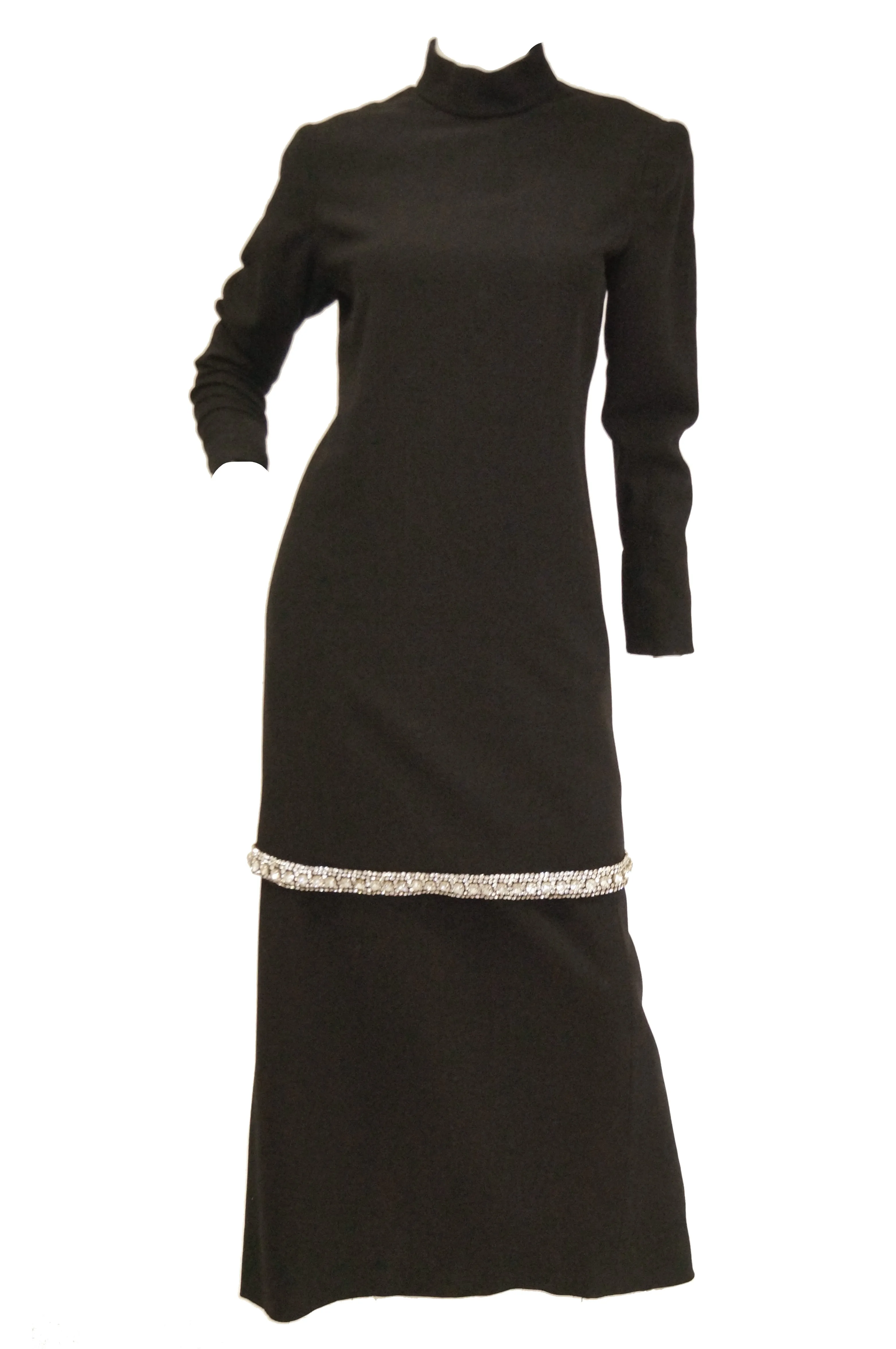 1970s Black Wool Evening Dress Ensemble with Oversized Rhinestone Trim