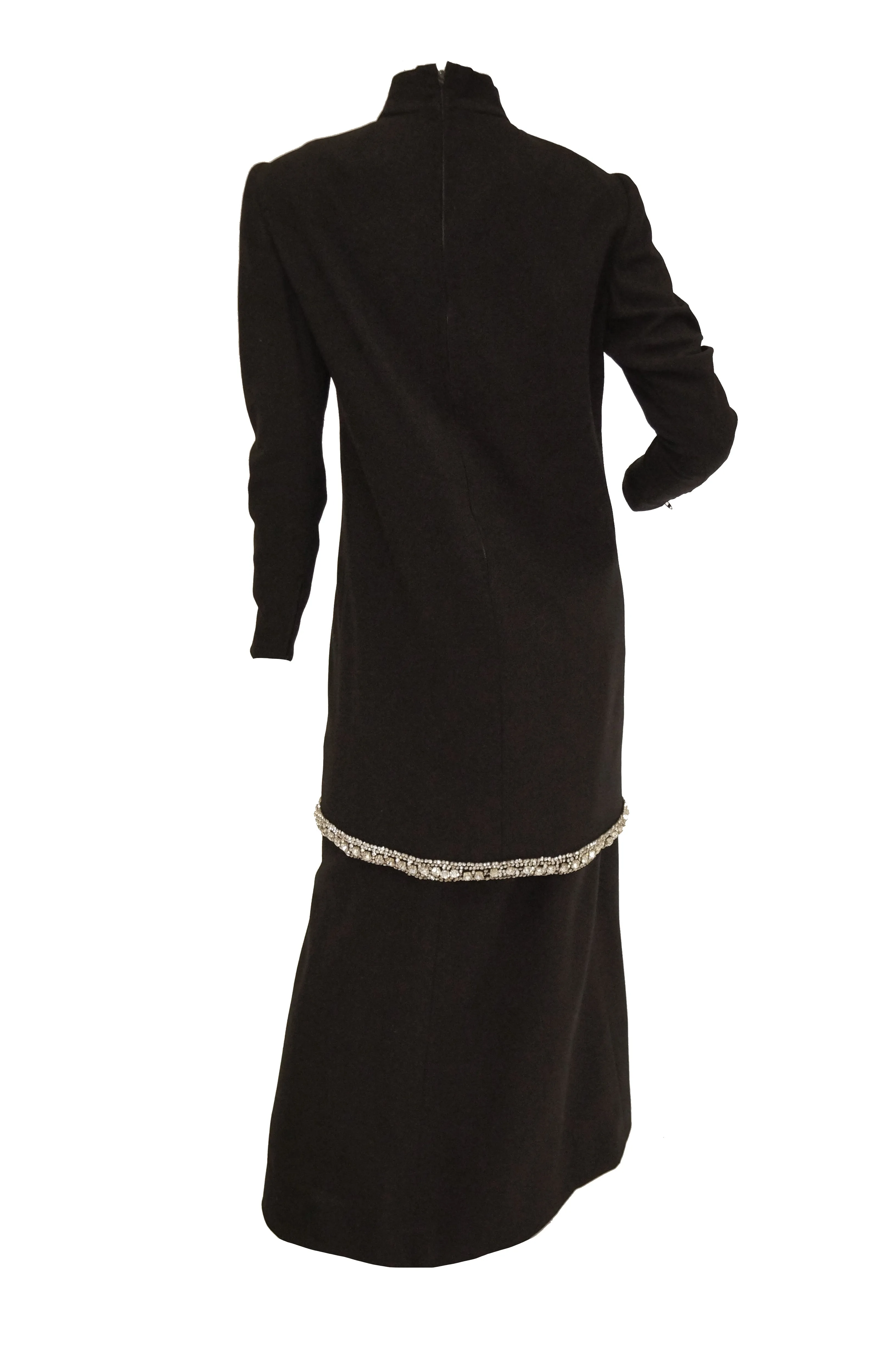 1970s Black Wool Evening Dress Ensemble with Oversized Rhinestone Trim