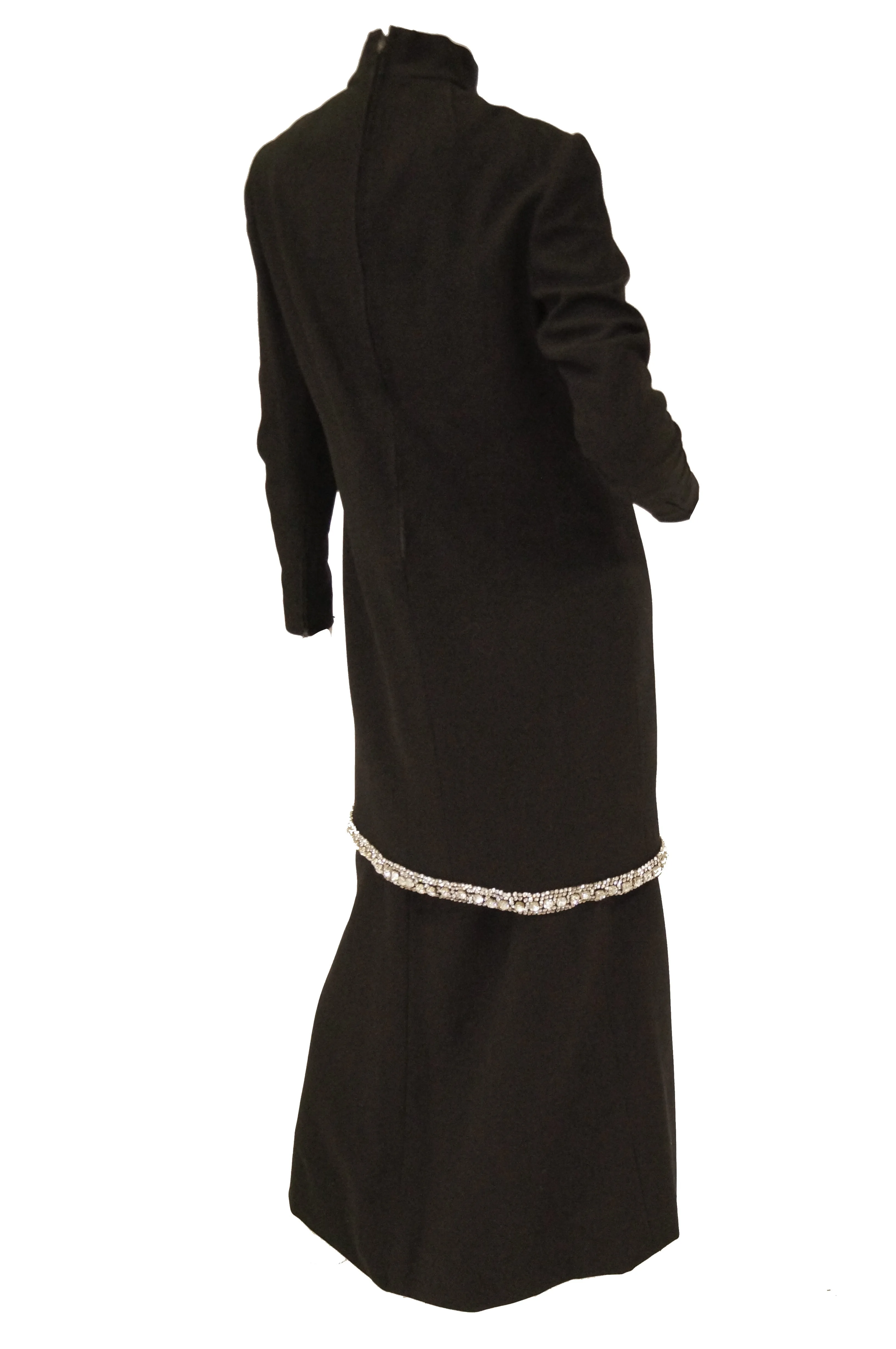 1970s Black Wool Evening Dress Ensemble with Oversized Rhinestone Trim