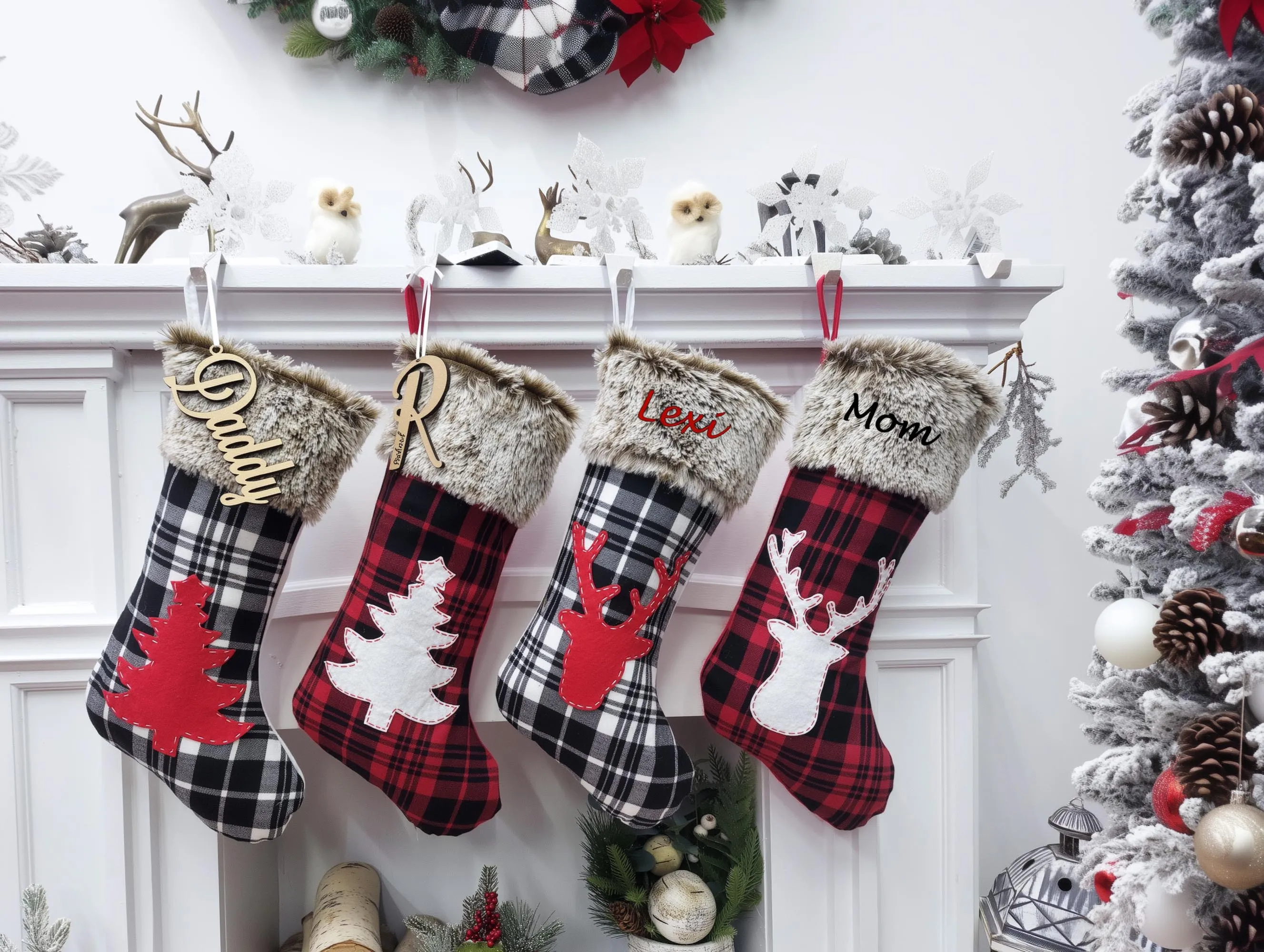 19" Buffalo Plaid Christmas Stockings with Faux Fur Cuff | Woodland Deer Tree Red Black Rustic Farmhouse Lodge Personalized Name Tag Wood