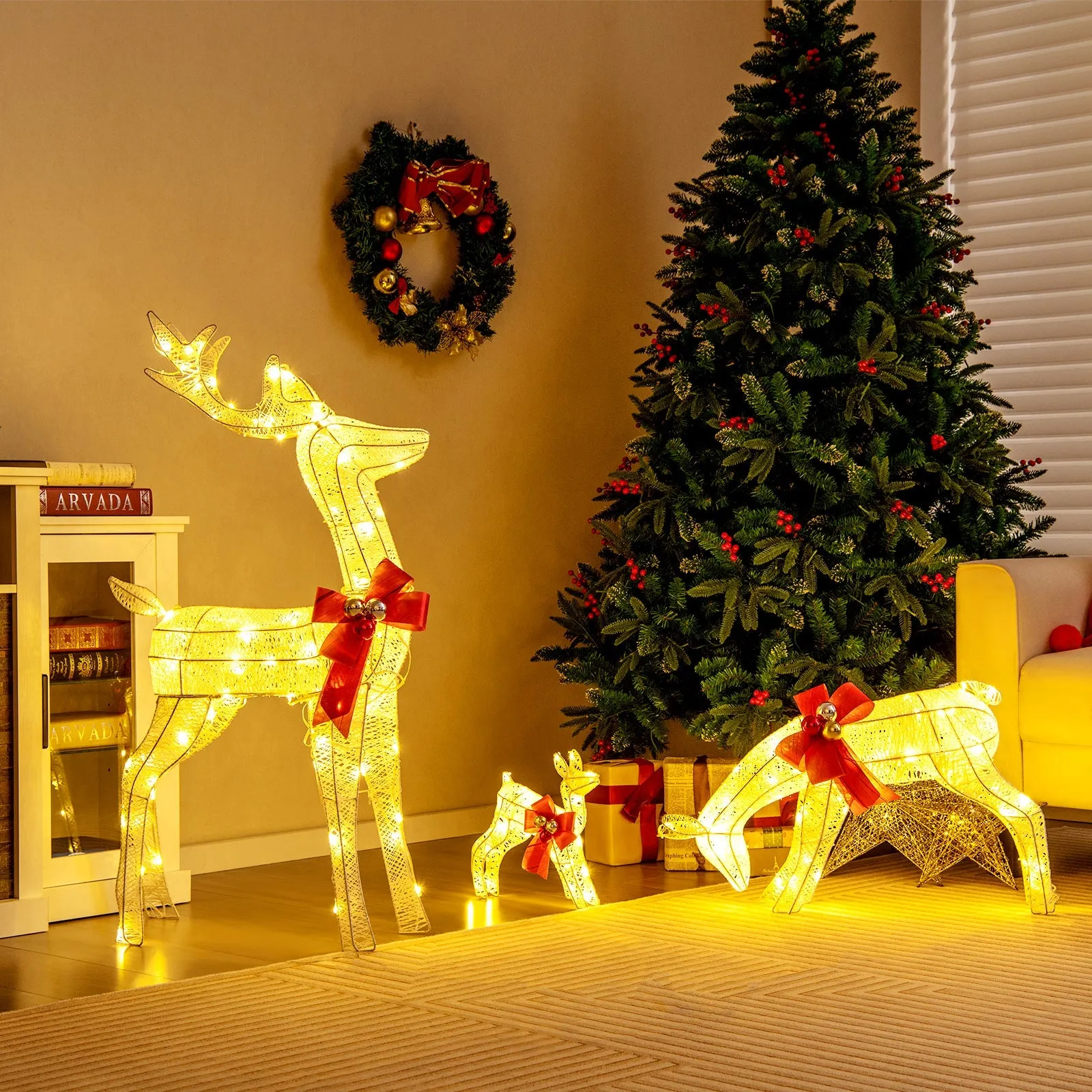 3 Pieces Lighted Reindeer Family Set with 230 LED Lights and Stakes