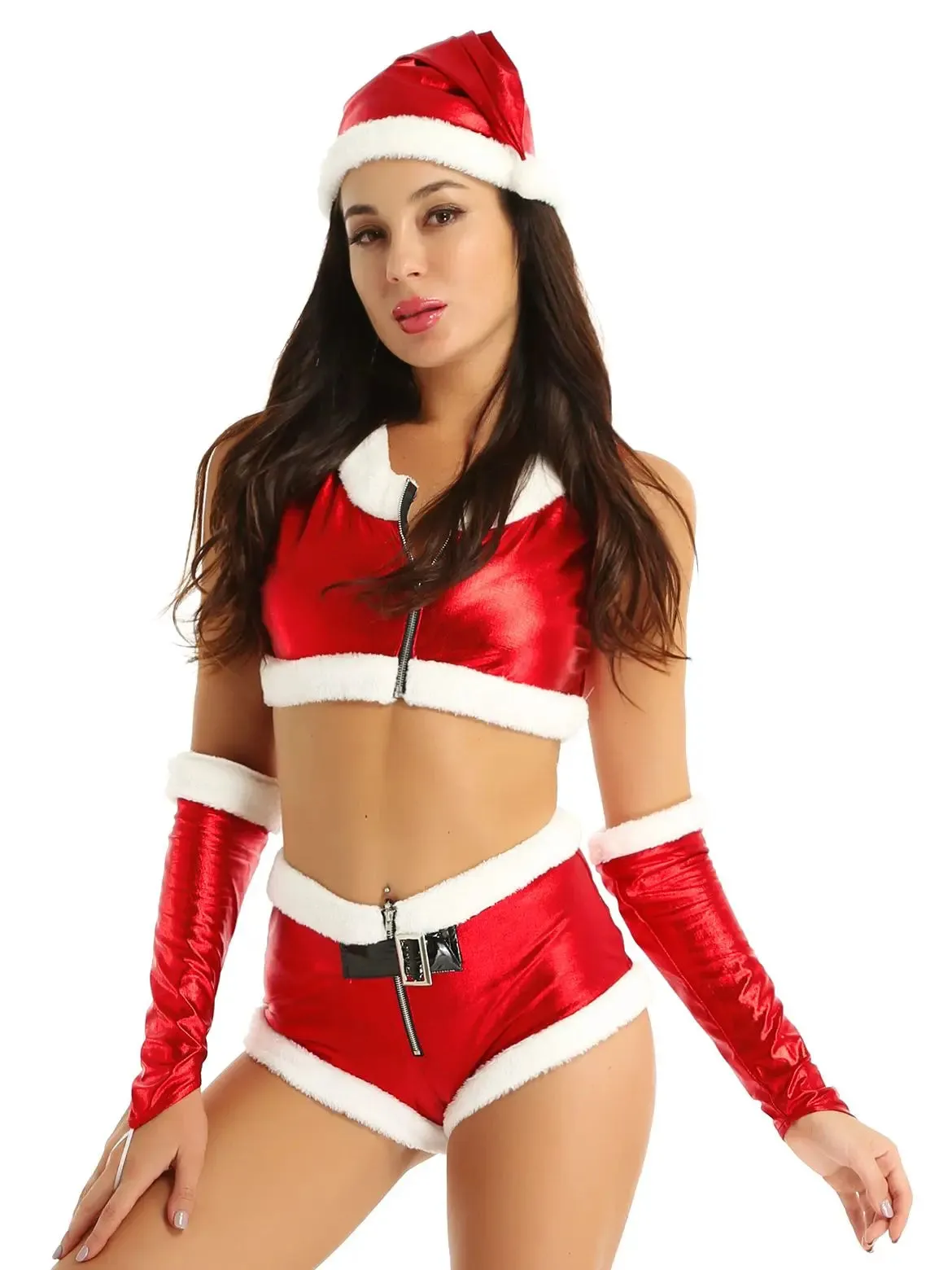 4Pcs Women Hot Santa Babe Costume Christmas Fancy Dress Outfit Flannel Crop Top And Shorts With Hat Fingerless Gloves