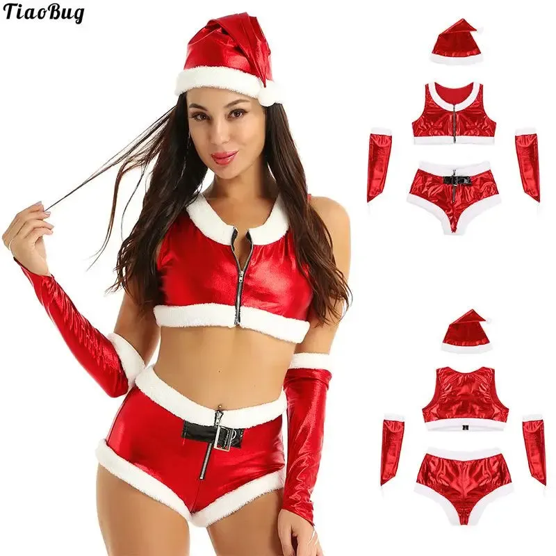 4Pcs Women Hot Santa Babe Costume Christmas Fancy Dress Outfit Flannel Crop Top And Shorts With Hat Fingerless Gloves