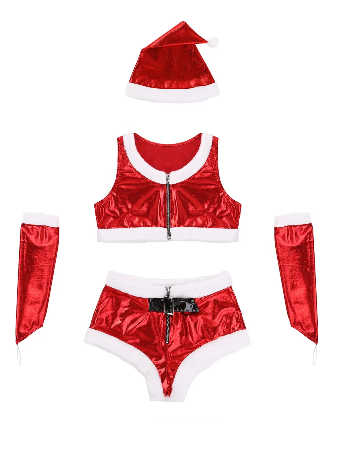 4Pcs Women Hot Santa Babe Costume Christmas Fancy Dress Outfit Flannel Crop Top And Shorts With Hat Fingerless Gloves