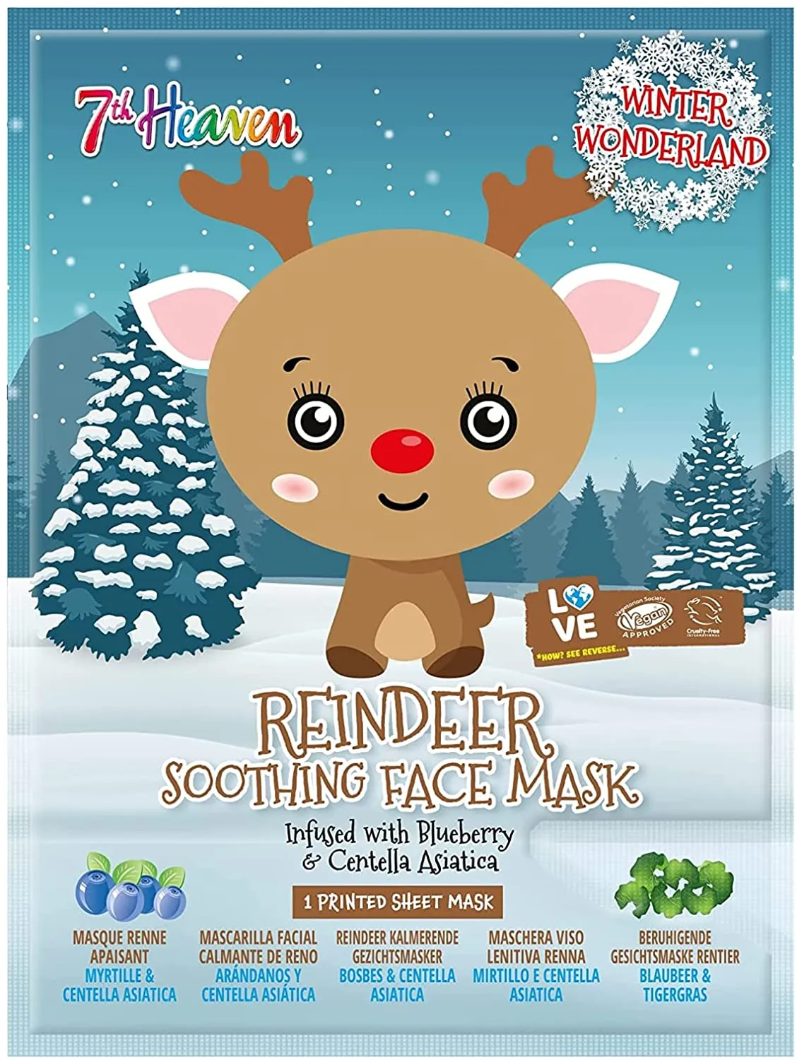 7th Heaven Winter Wonderland Reindeer Facial Sheet Mask Infused with Blueberry and Centella Asiatica