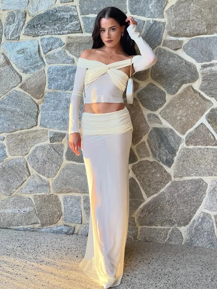 A&A Two Piece Sheer Off-shoulder Top And Maxi Skirt Set