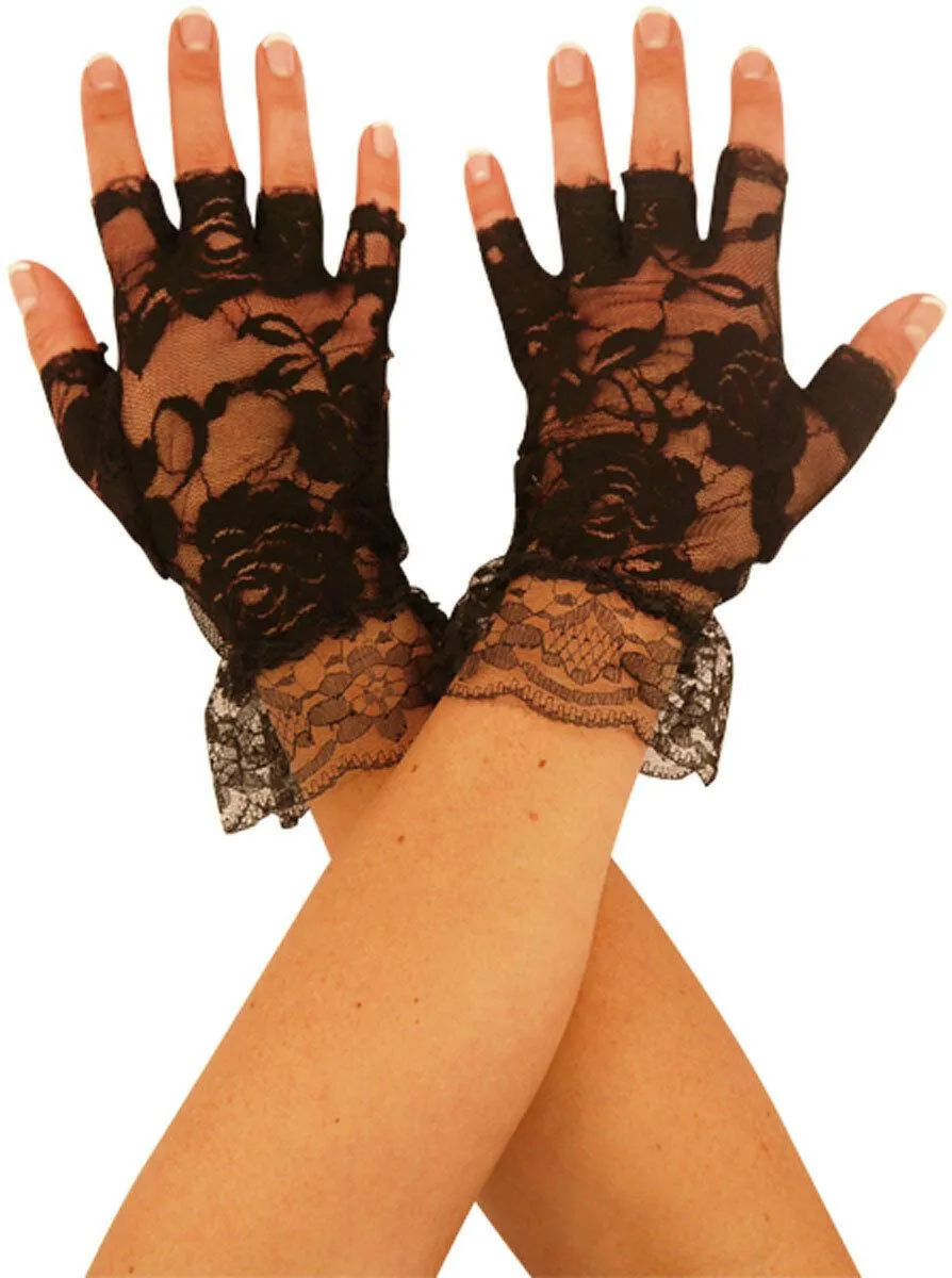 Adult Black Fingerless Lace Madonna Gloves Dress Up Fancy Dress Accessory