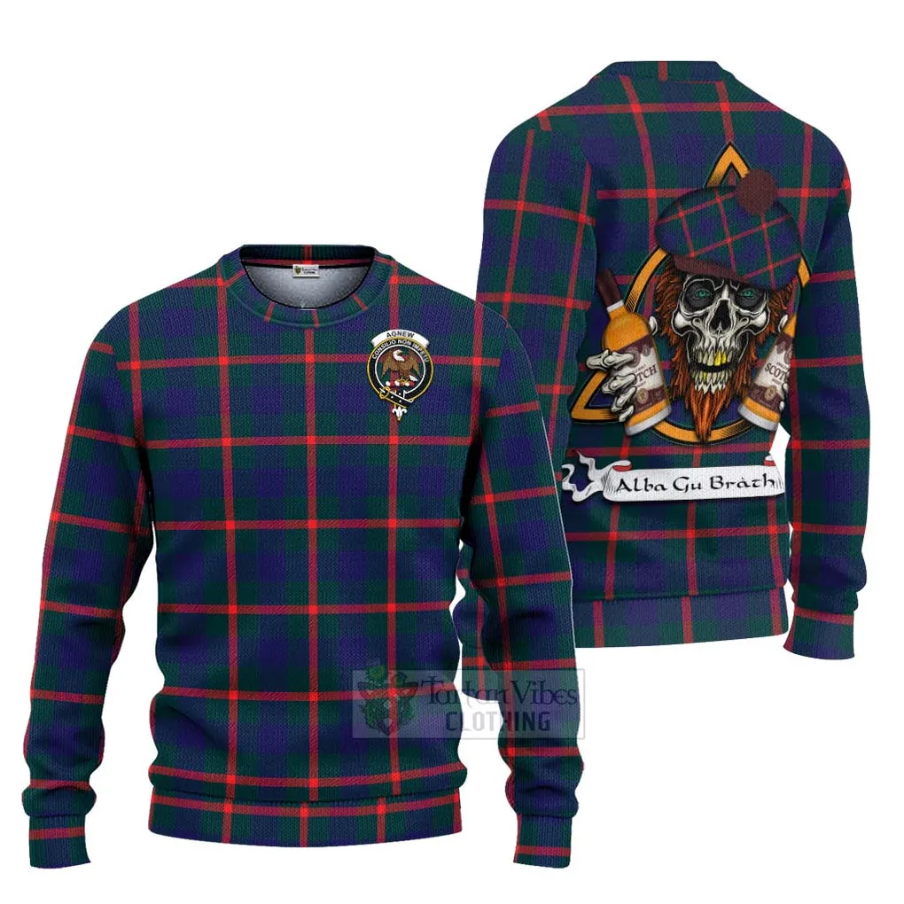 Agnew Tartan Ugly Sweater with Family Crest and Bearded Skull Holding Bottles of Whiskey