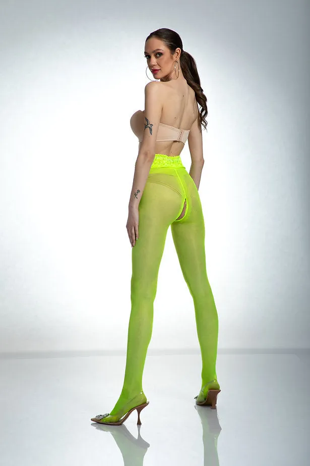 Amour Hip Lace Top Open Gusset Tights - 30 Denier Fluo Yellow