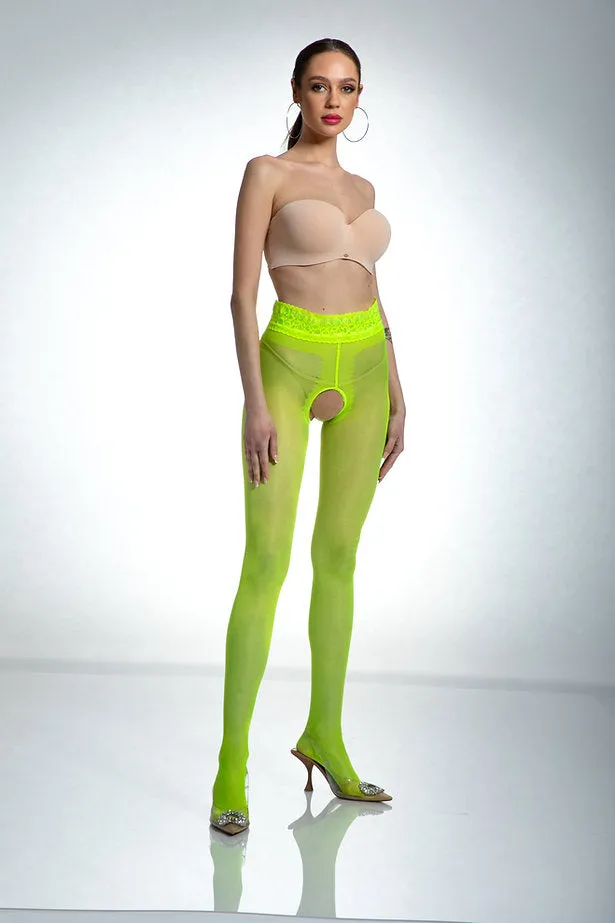 Amour Hip Lace Top Open Gusset Tights - 30 Denier Fluo Yellow