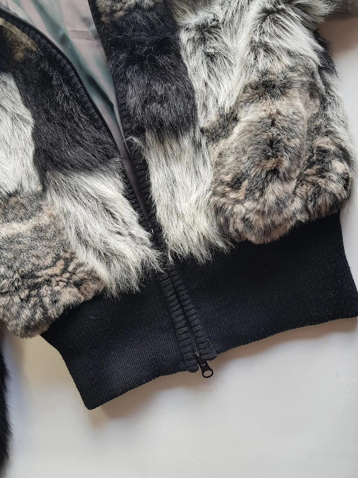 Authentic 90s Vintage Fur Bomber Jacket in Black Grey Tones & Animal Print - Chunky Metal Hardware - Knit Waist Sleeves & Neck - Fully Lined in Iridescent Dark Green - Unworn Condition