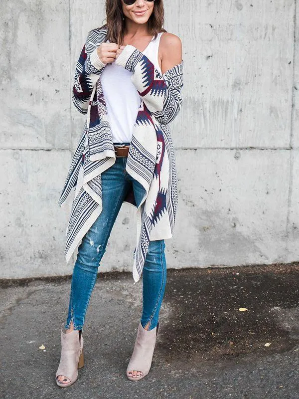 Autumn And Winter Geometric Pattern Long Sleeve Cardigan Coat