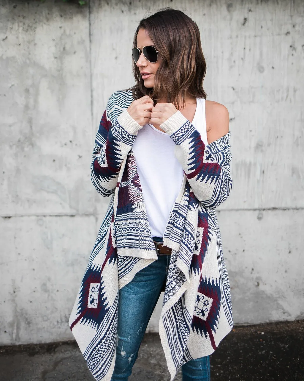 Autumn And Winter Geometric Pattern Long Sleeve Cardigan Coat