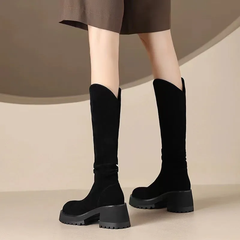 Autumn and Winter Korean Style round Head Chunky Heel Long Boots HOTan and NEWn High Heel Leggings Fleece-lined Warm High Leg Boot Knight Boots Women