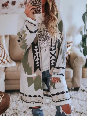 Autumn and winter new women's long sleeved printed cardigan coat woolen coat