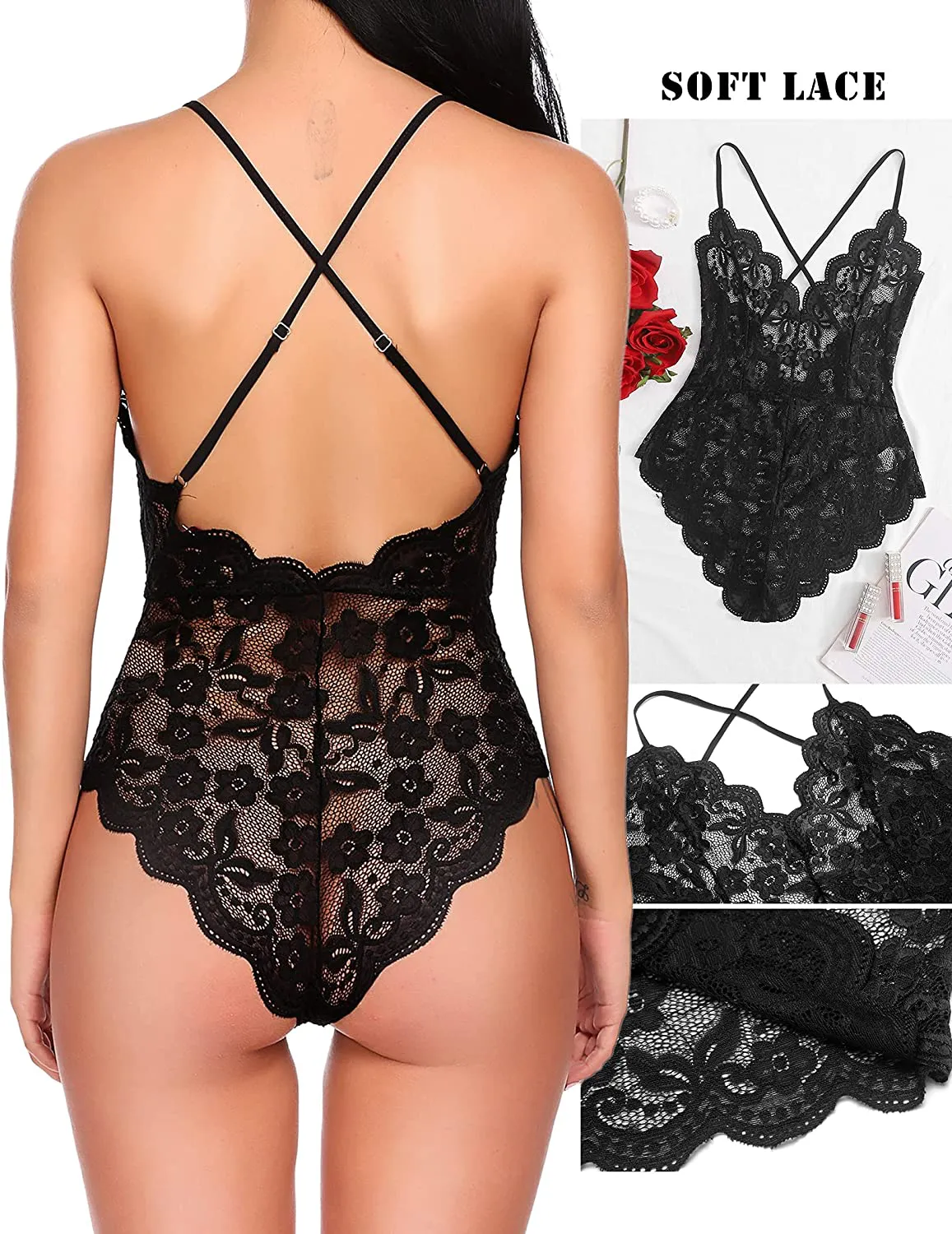 Avidlove Women One Piece Lingerie Deep V Teddy Sexy Lace Bodysuit