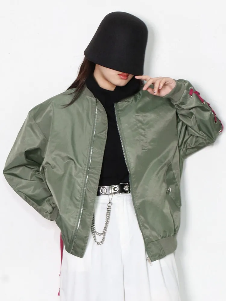 Bandage Lace Up Coat For Women Stand Collar Long Sleeve Streetwear Colorblock Jackets Female Fashion Clothing