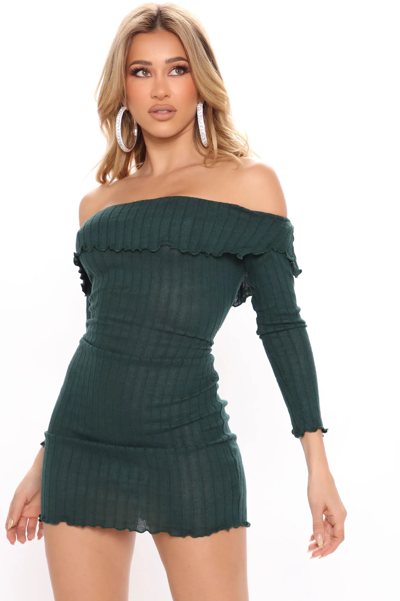 Be My Baby Off Shoulder Dress - Hunter