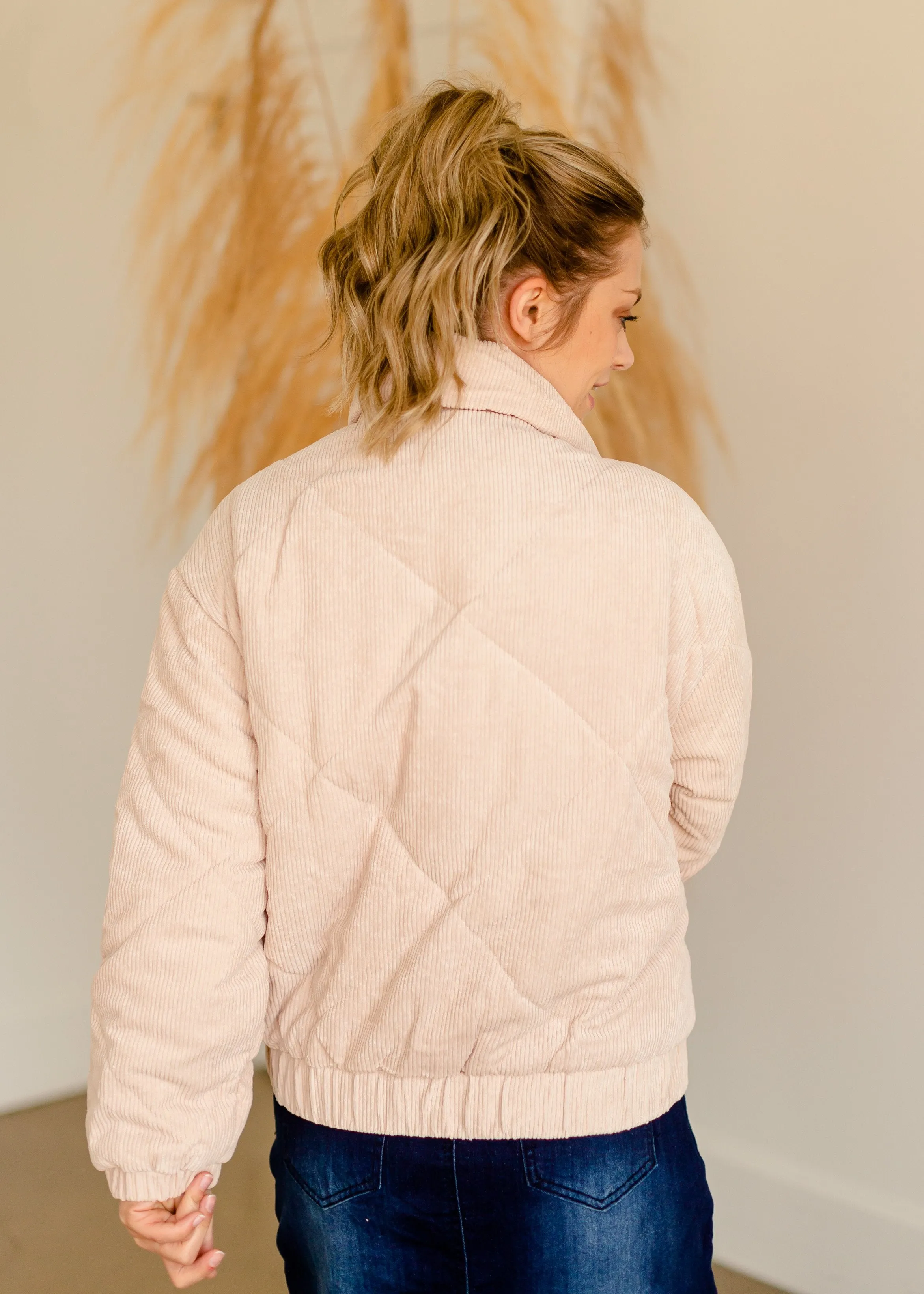 Beige Corduroy Quilted Bomber Jacket