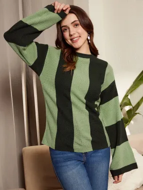 Berrylush Women Green & Black Frenchy Two-Tone Printed Round Neck Drop-Shoulder Sleeves Ribbed Hem Regular Sweater