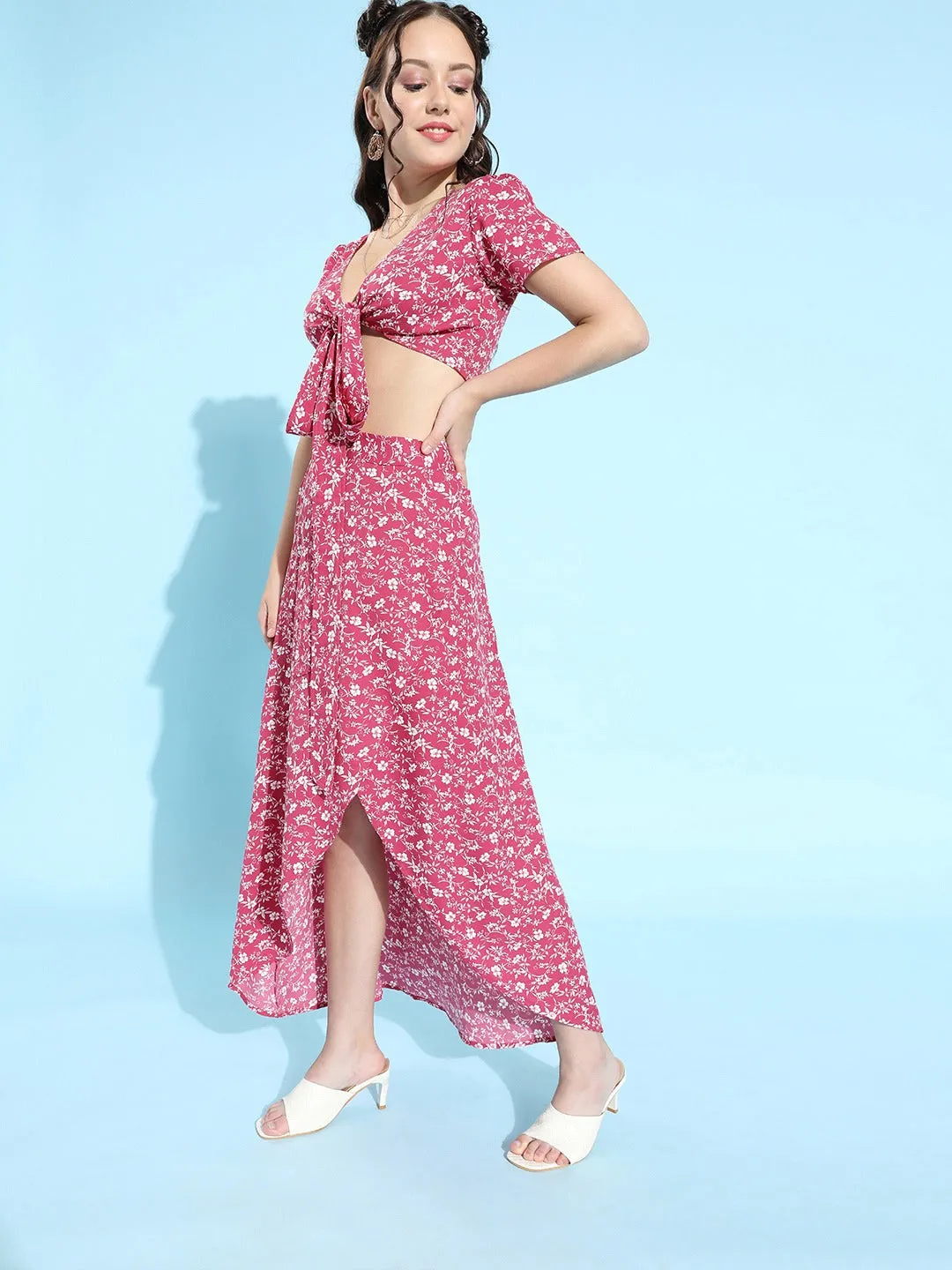 Berrylush Women Pink Floral Printed V-Neck Front Tie-Up High-Low Co-Ordinate Maxi Dress