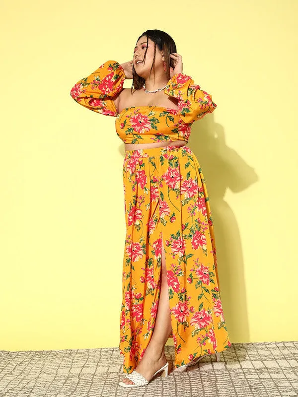 Berrylush Women Plus Size Yellow & Red Floral Printed Off-Shoulder Neck Crop Top & Slited Maxi Skirt Co-Ord Set