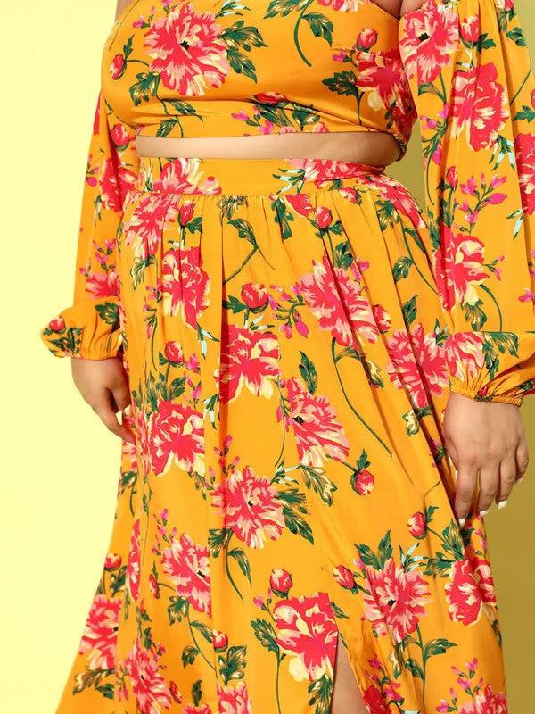 Berrylush Women Plus Size Yellow & Red Floral Printed Off-Shoulder Neck Crop Top & Slited Maxi Skirt Co-Ord Set