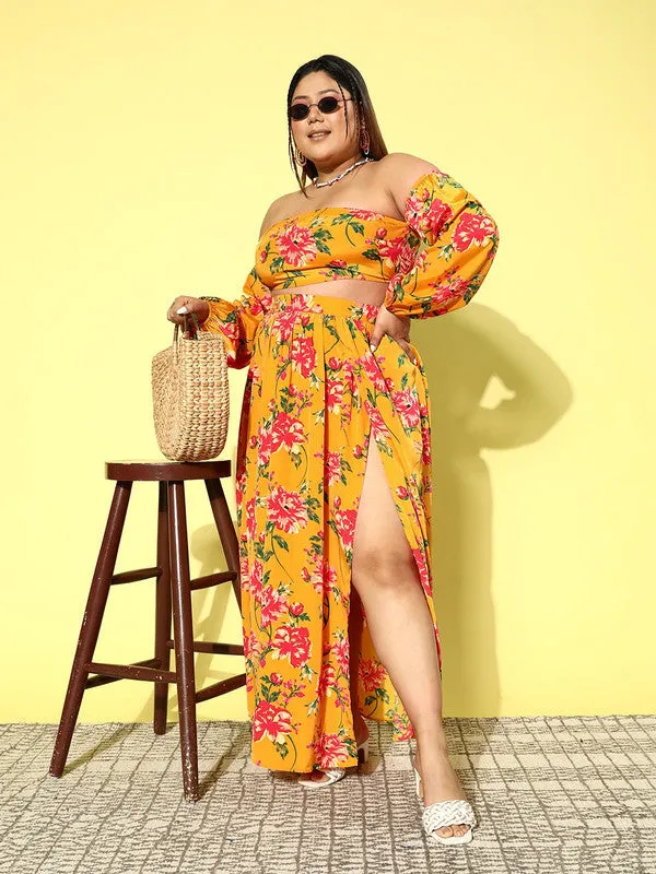 Berrylush Women Plus Size Yellow & Red Floral Printed Off-Shoulder Neck Crop Top & Slited Maxi Skirt Co-Ord Set