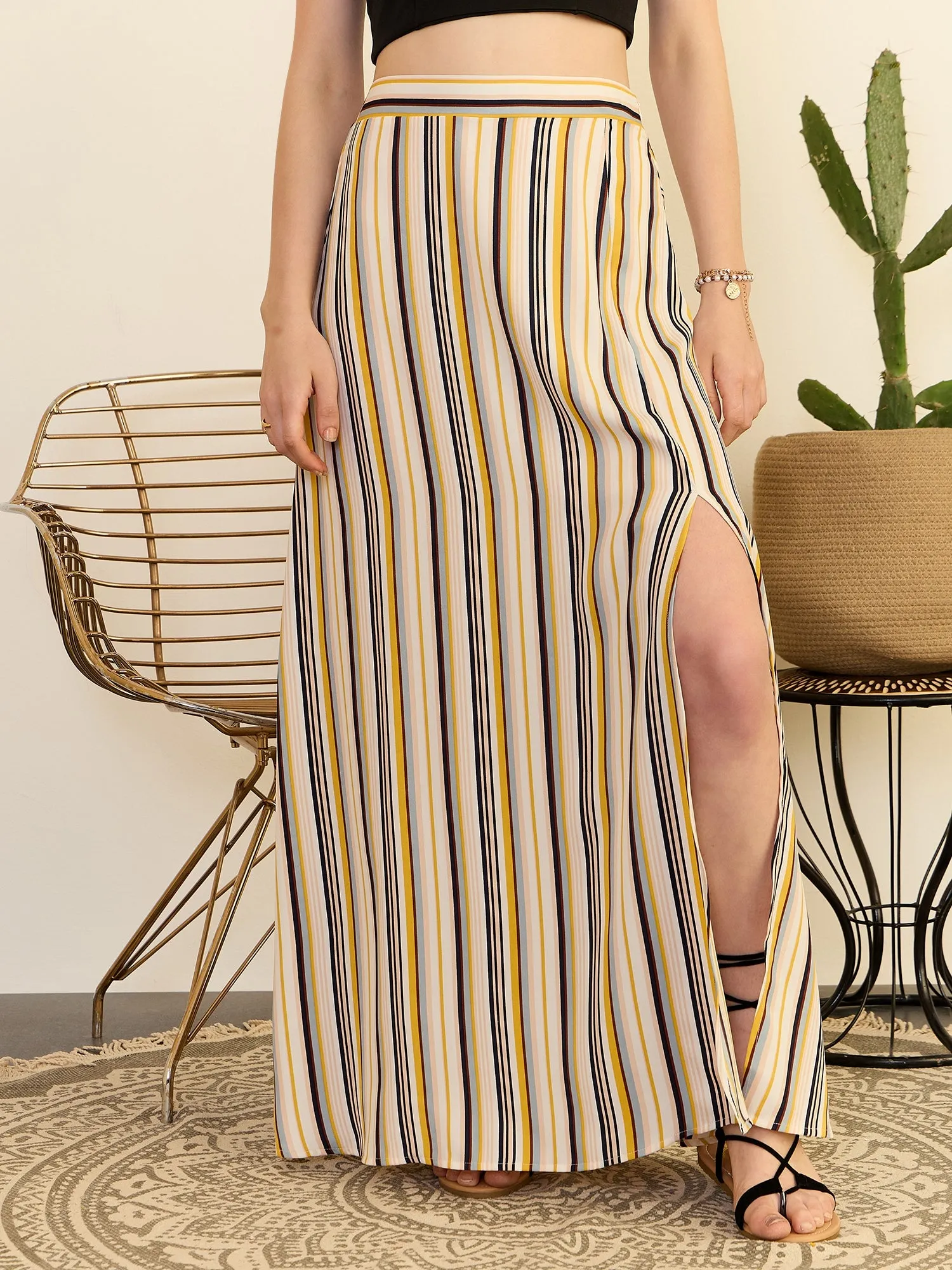 Berrylush Women White & Multicolour Striped Print High-Rise Waist Slip-On Thigh-High Slit Flared Maxi Skirt