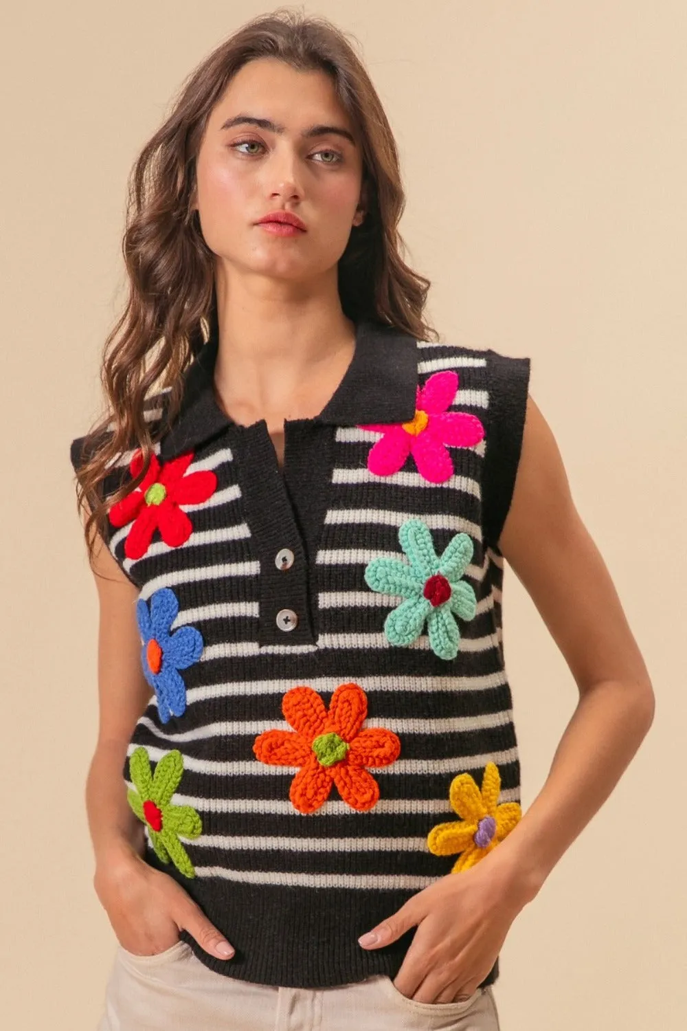 BiBi Flower Patch Striped Half Button Sweater Vest