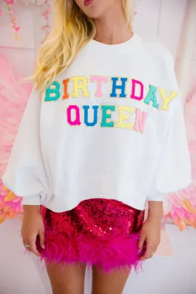 BIRTHDAY QUEEN White Graphic Sweatshirt