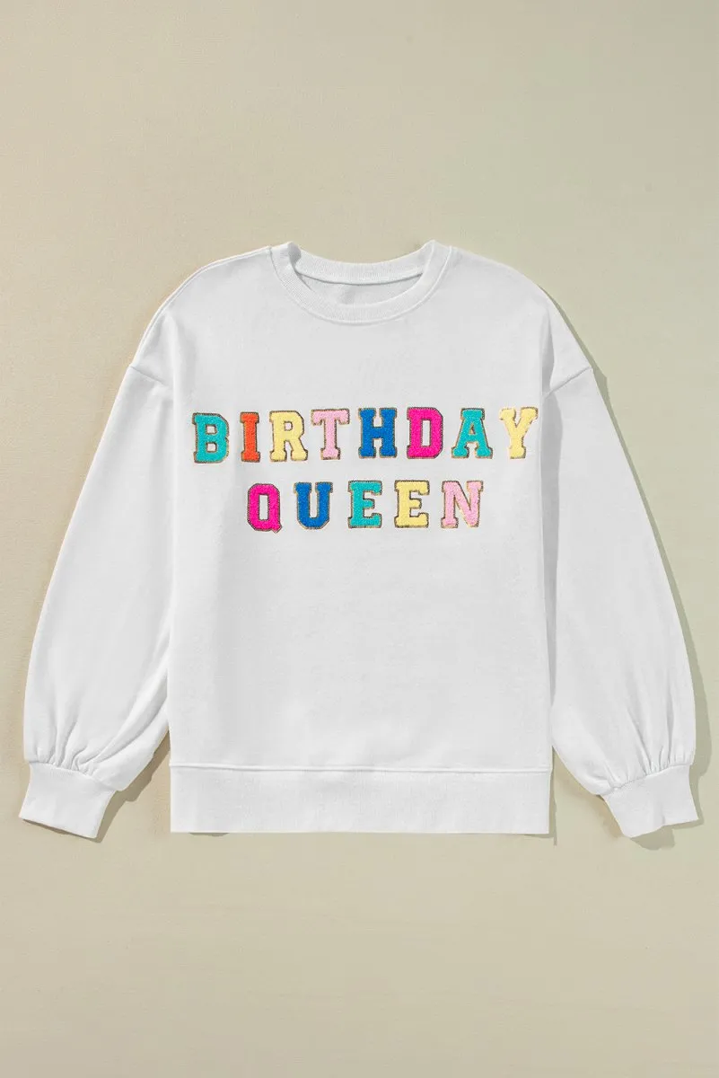 BIRTHDAY QUEEN White Graphic Sweatshirt